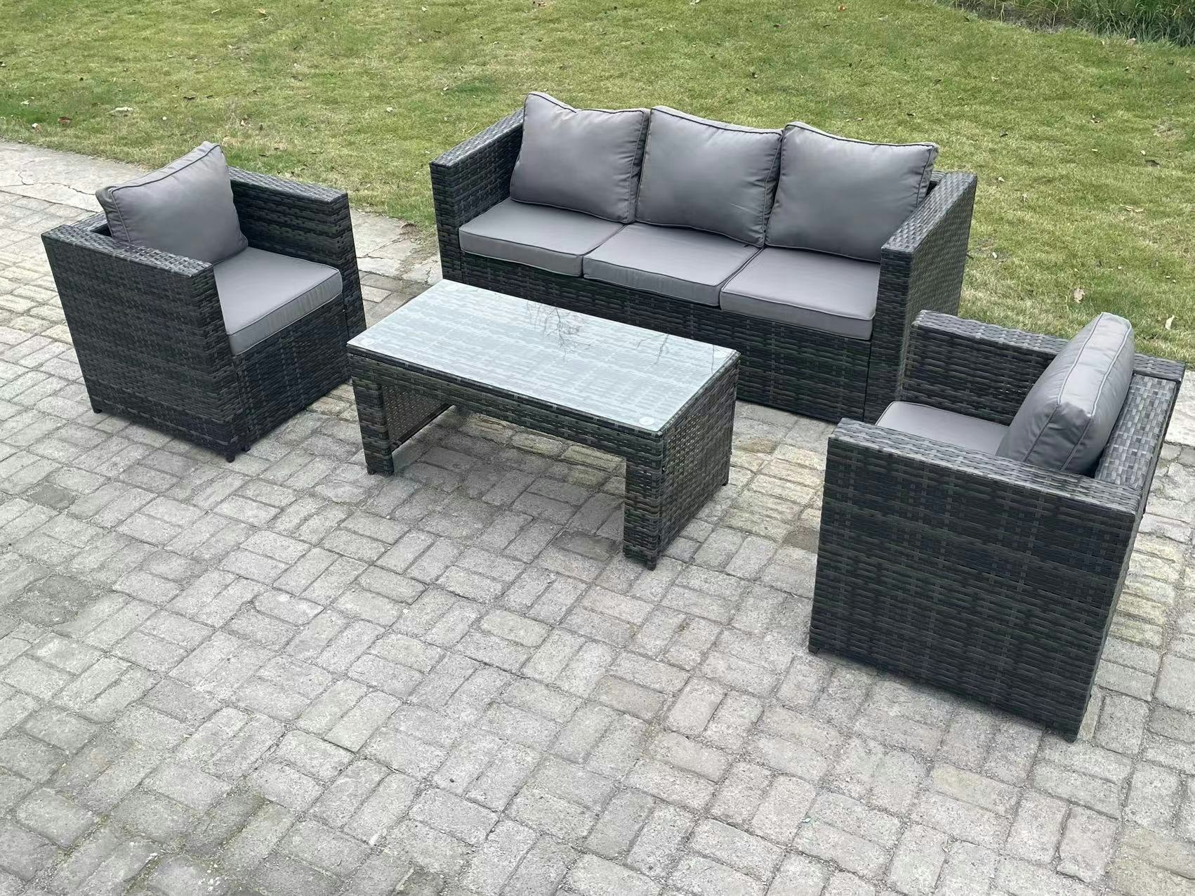 Fimous Dark/Grey Lounge Rattan Sofa Set Outdoor Garden Furniture With 2 Chairs Oblong Rectangular Coffee Table