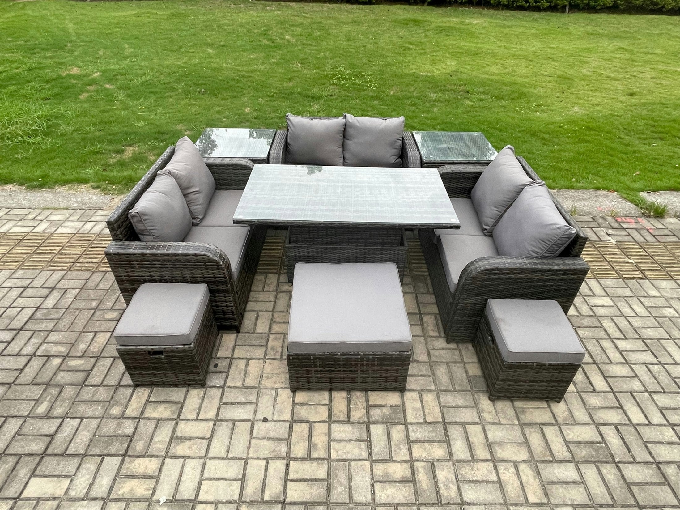 Rackhams Rattan Garden Outdoor Furniture 3 Pc Love Sofa Set Adjustable Rising Lifting Dining Table With 2 Side Tables 3 Footstools