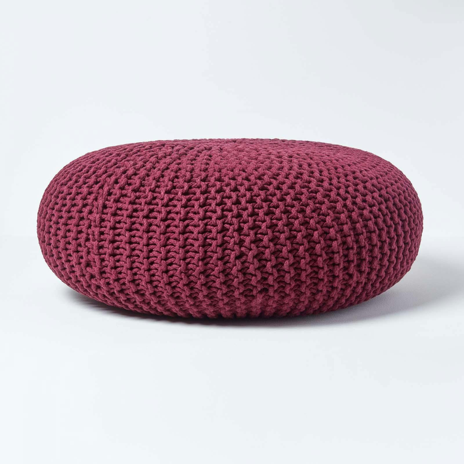 Homescapes Large Round Cotton Knitted Pouffe Footstool - Plum
