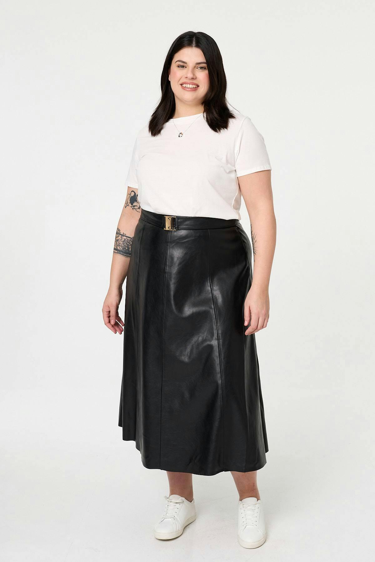 Izabel London Black Curve Faux Leather Belted Midi Skirt - 22