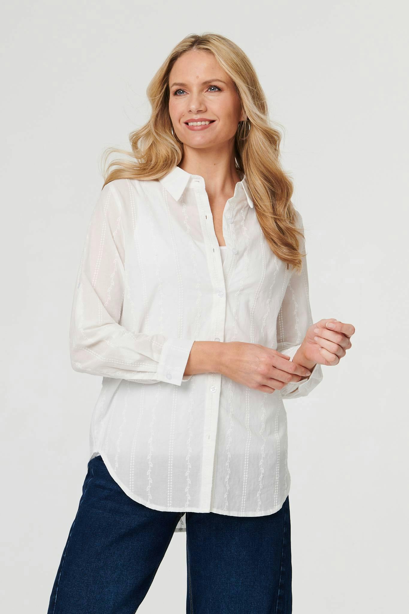 Izabel London White Embroidered Long Sleeve Textured Shirt - 16