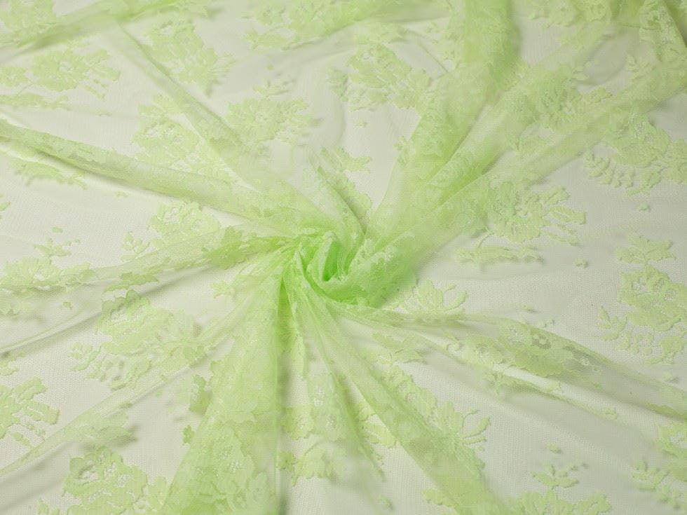 Minerva Green Core Range Deadstock Chantilly Tulle Lace Fabric - Flowers Design Dressmaking Fabric, 130 Cm / 52" Wide - Per Metre - Mint Leaf