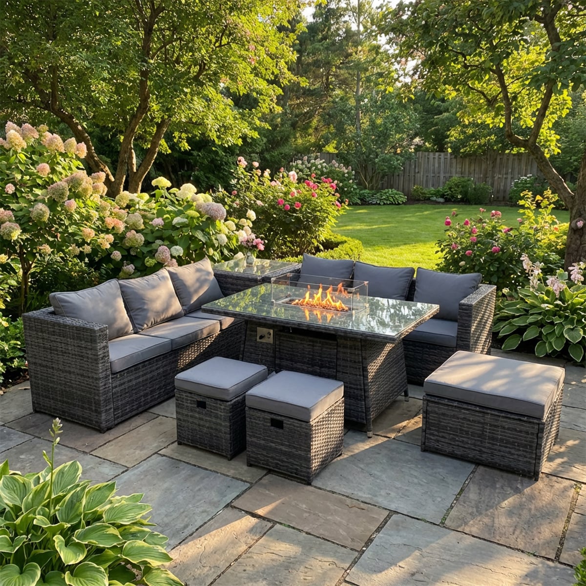 Fimous Dark/Grey 6 Seater Rattan Garden Furniture Dining Set With Fire Pit Table, Corner Sofa, Side Table, 3 Footstools