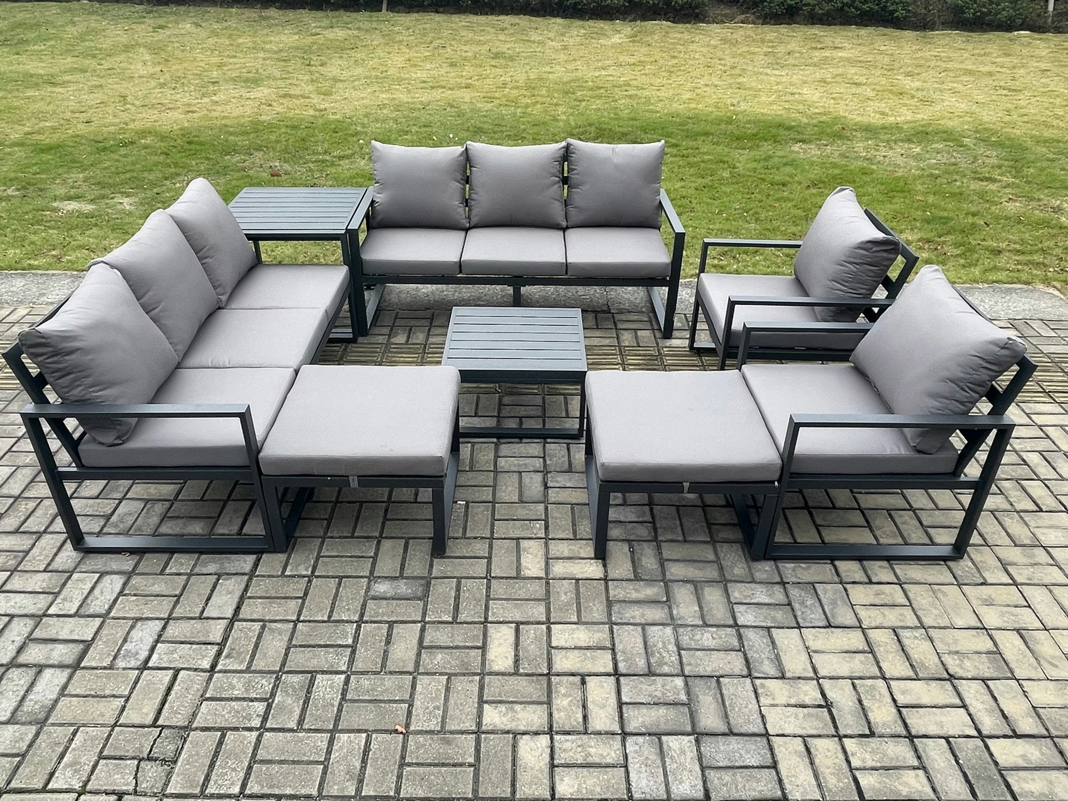 Rackhams Dark/Grey Aluminium Patio Outdoor Garden Furniture Lounge Sofa Set With Square Coffee Table 2 Chairs Side Table 2 Big Footstool