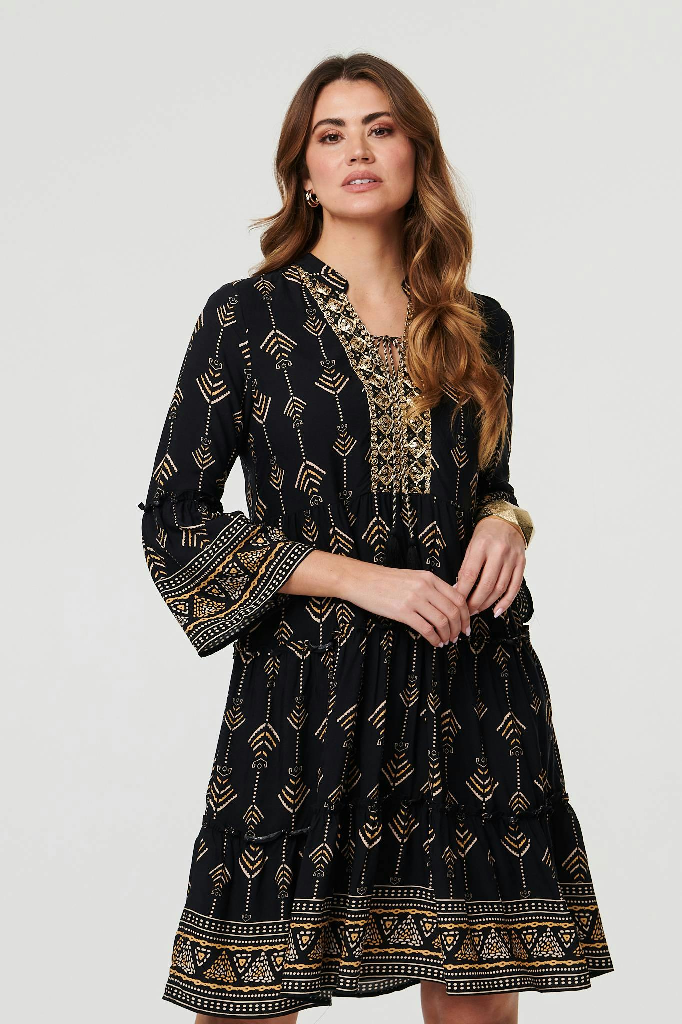 Izabel London Black Printed Metallic Trim Knee Length Dress - 8