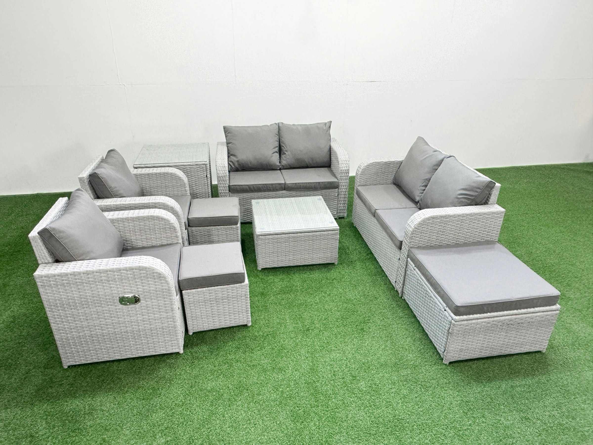 Rackhams Light/Grey 9 Seater Outdoor Reclining Chair Love Sofa Set Rattan Garden Furniture Set With Square Coffee Table 3 Stools Side Table