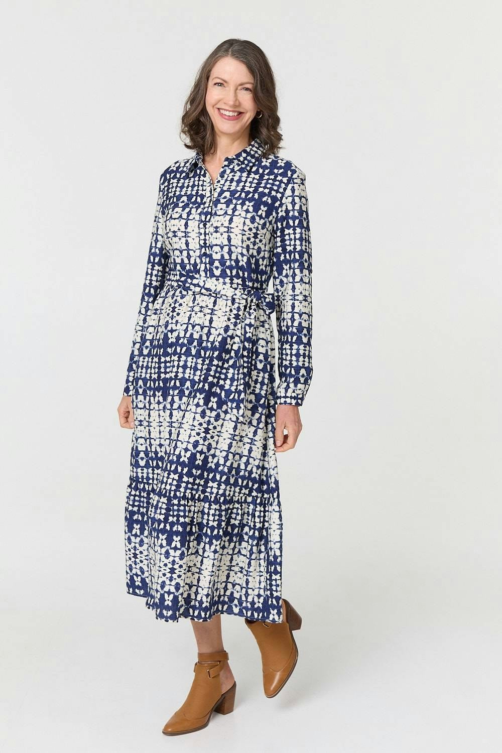 Izabel London Women's Blue Printed Tie Front Midi Shirt Dress - 8 - Navy
