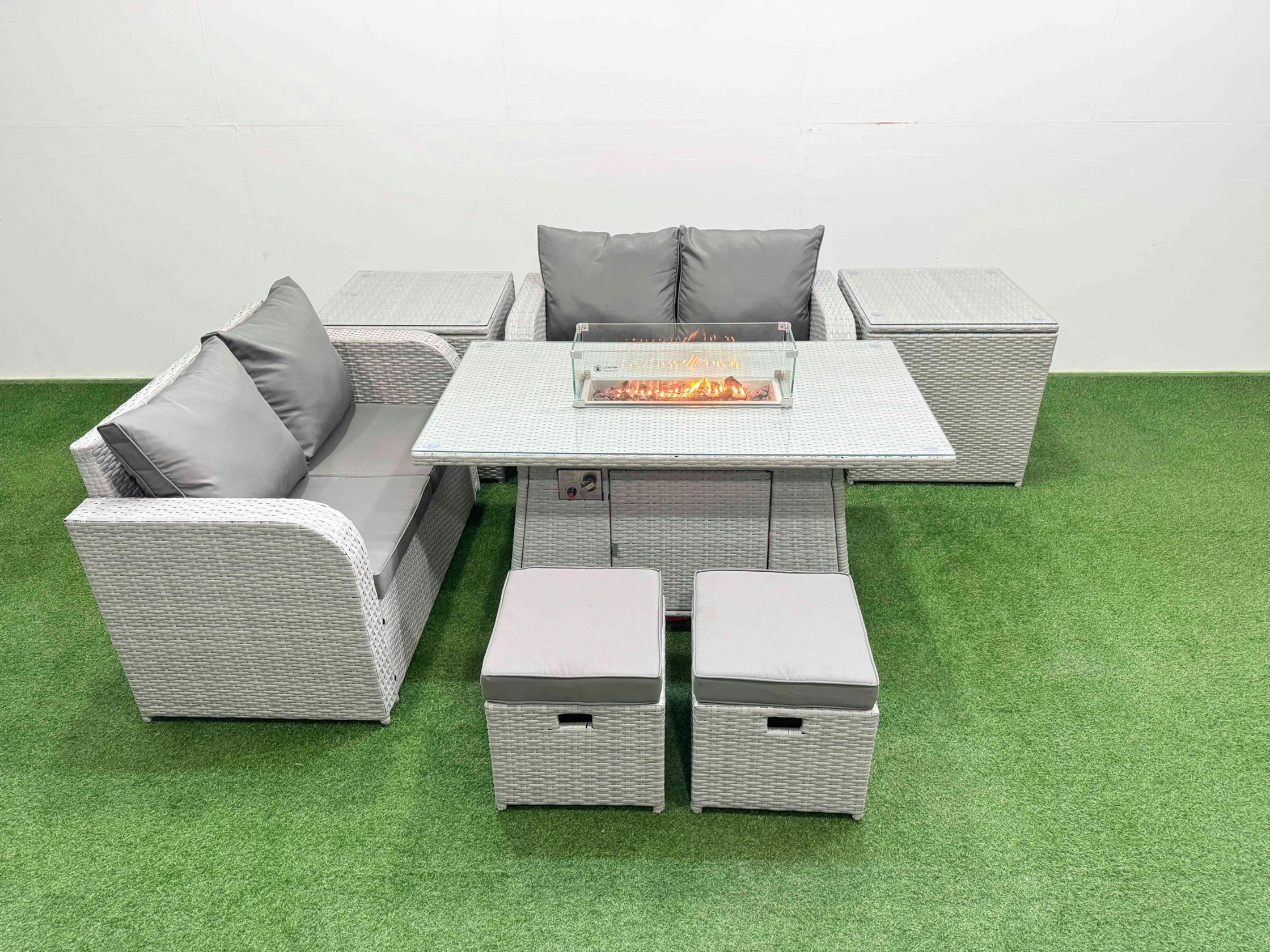 Fimous Light/Grey 6 Seater Outdoor Love Sofa Set Rattan Garden Furniture Set With Fire Pit Dining Table 2 Small Stools 2 Side Tables