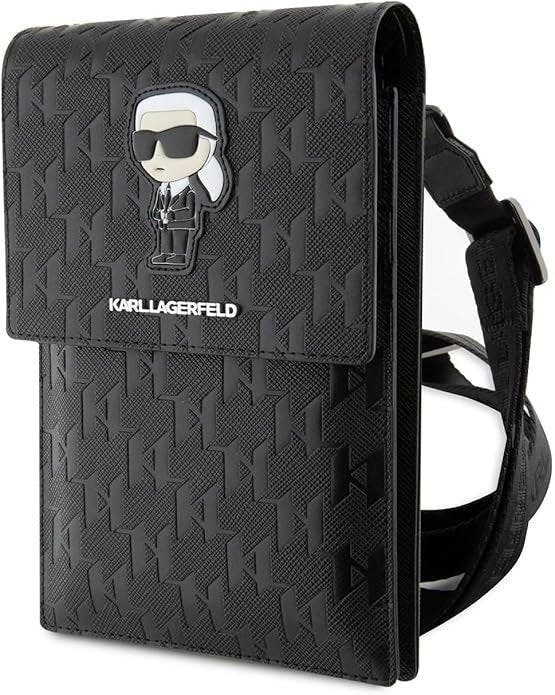 Karl Lagerfeld Black Saffiano Ikonik Monogram Universal Phone Pouch With Strap - Klwbsakhpkk