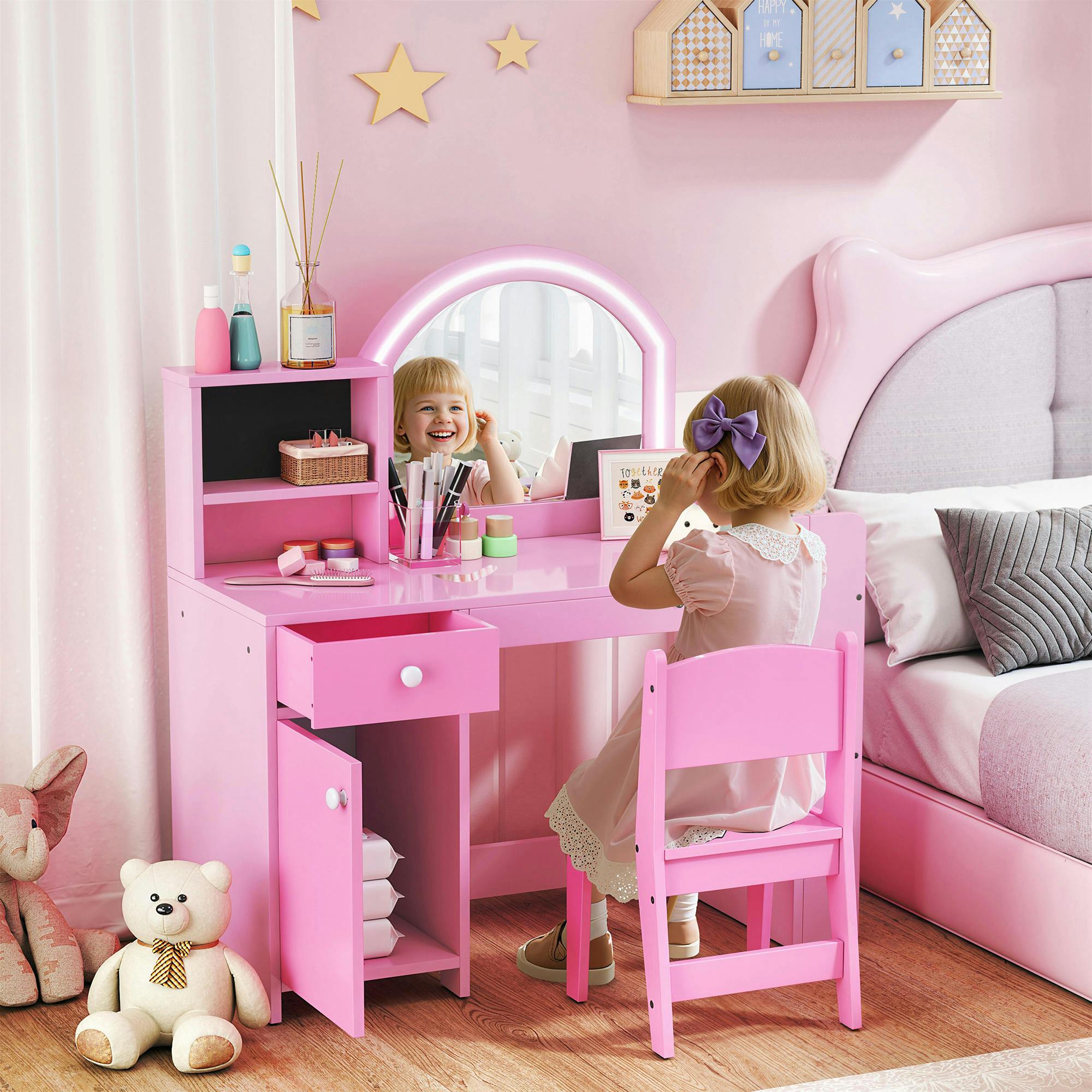 Aiyaplay Women's Pink Dressing Table With 2-Colour Led Mirror & Stool, - Image 6