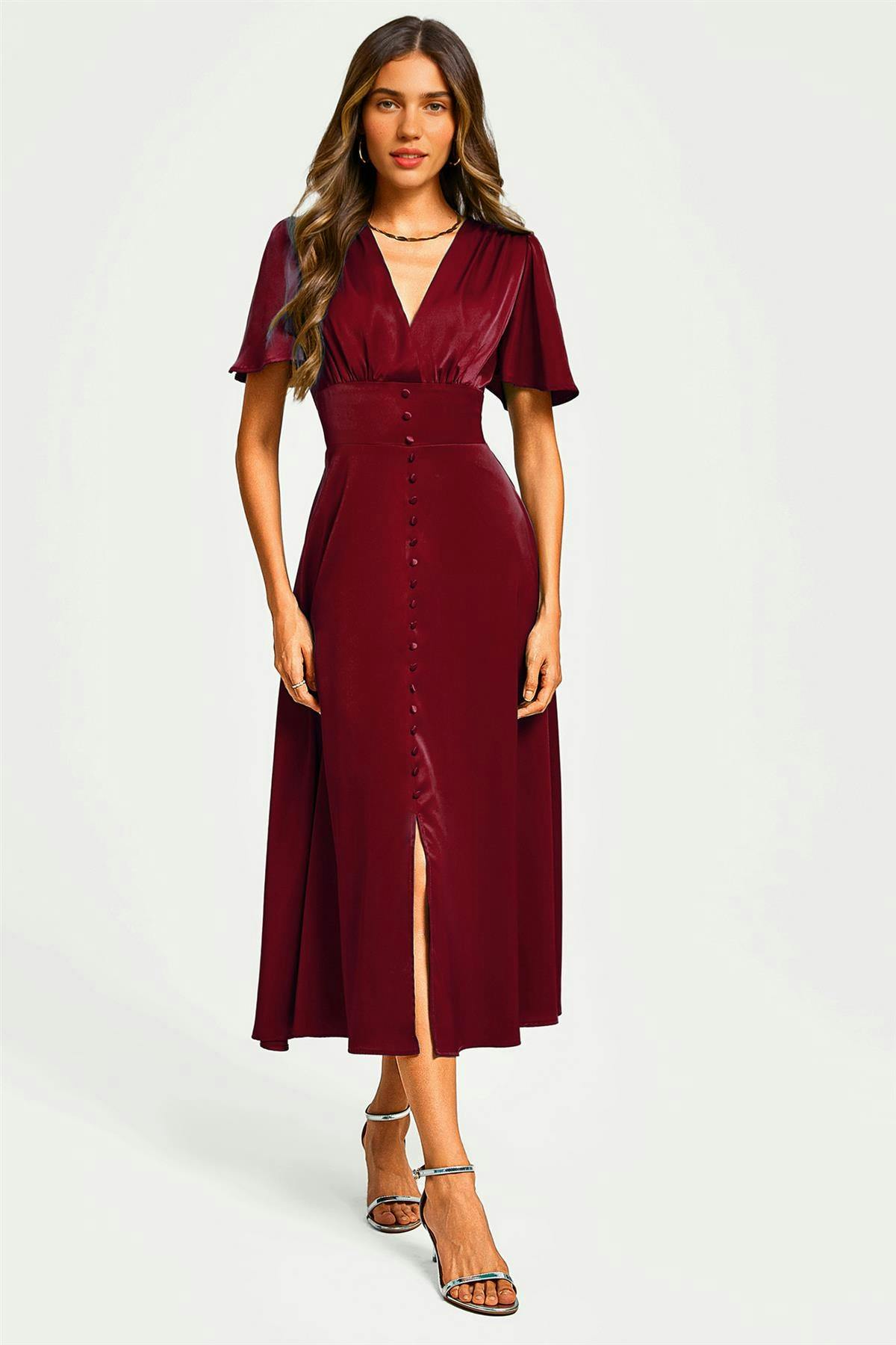 Fs Collection Satin V Neckline Button Detail Dress In Wine - Xs - Wine
