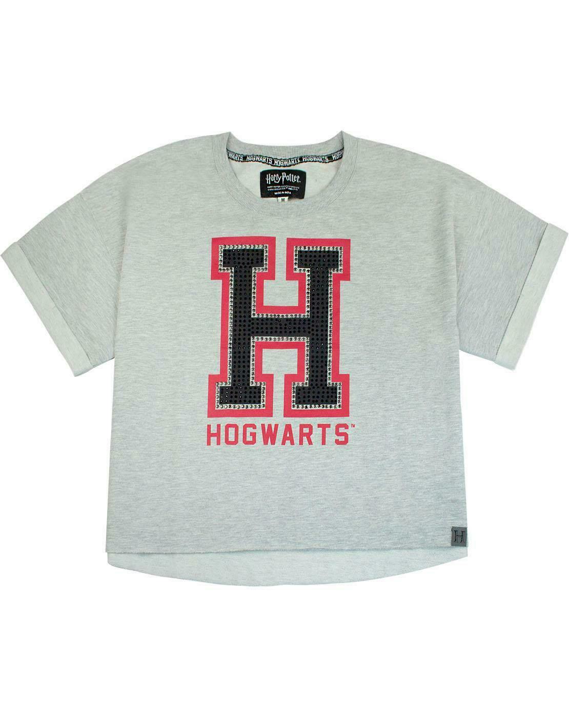 Vanilla Underground Women's Grey Harry Potter Hogwarts Alumni Text Print Cropped Short Sleeved T-Shirt - Small