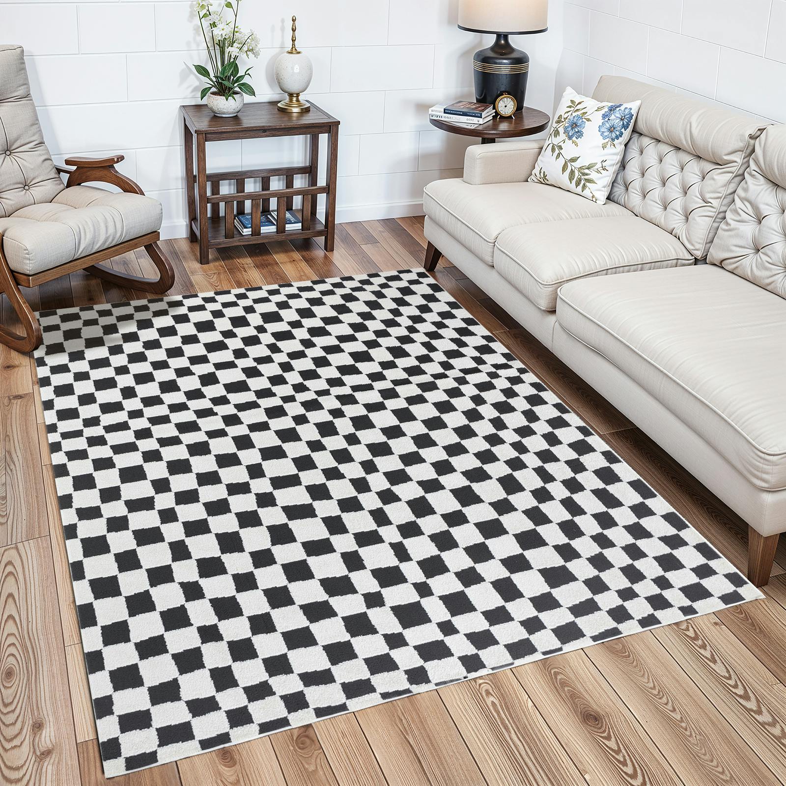 Livabliss Black/Ivory Freud-Modern High Pile Checkered Rug - 160 X 213 Cm