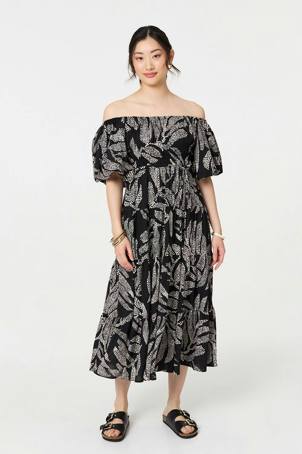 Izabel London Black Leaf Print Puff 1/2 Sleeve Midi Dress - 18
