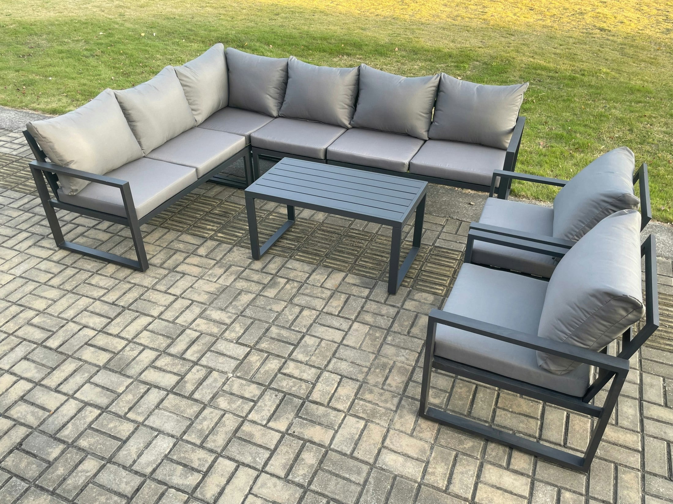Fimous Dark/Grey Aluminium Garden Furniture Set Outdoor Indoor Lounge Corner Sofa 2 Pcs Chair Oblong Coffee Table Sets 8 Seater