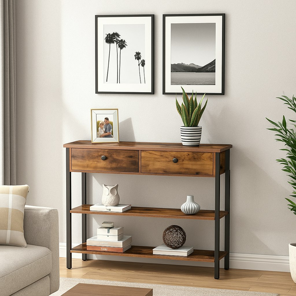 Modcraft Brown Rustic Console Table With 2 Drawers – Industrial Hallway Table Sofa Side Table With Storage