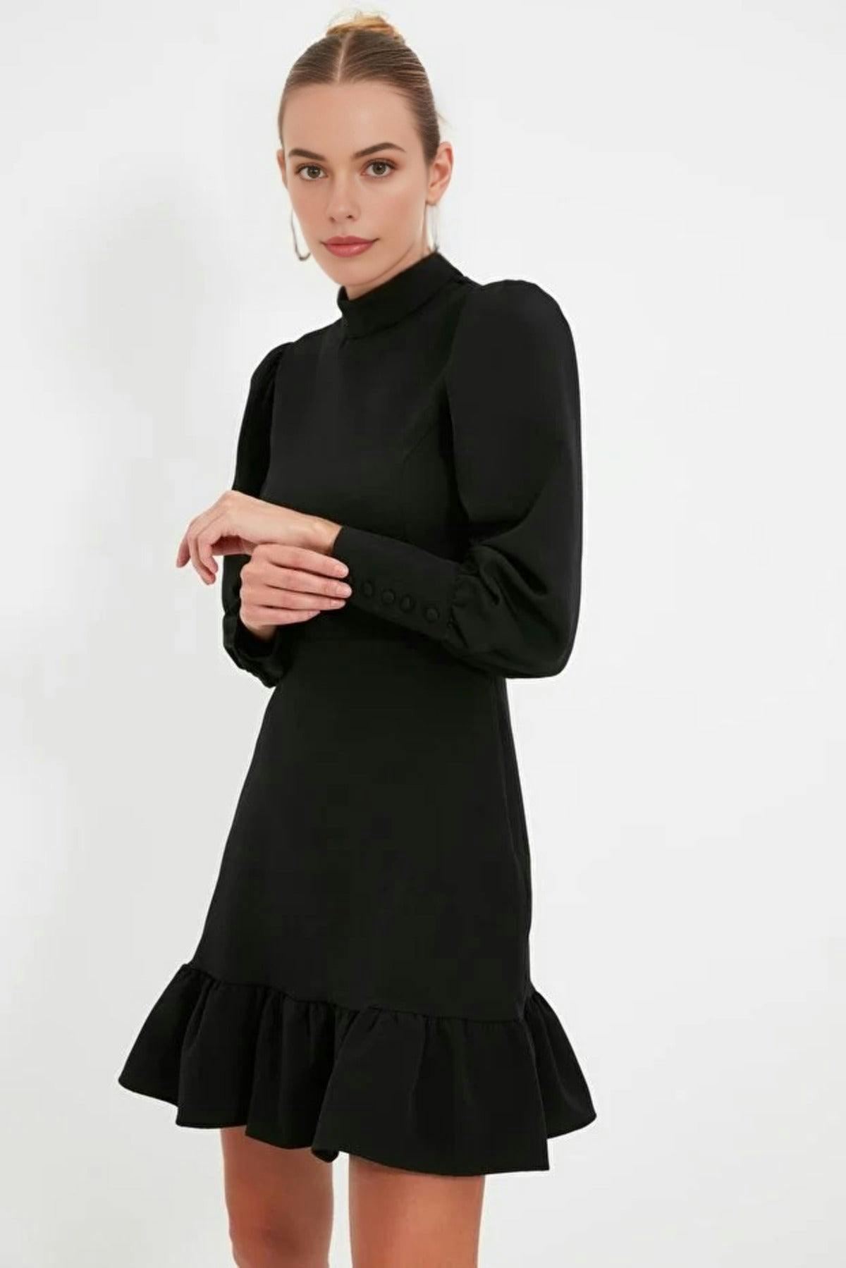 Wovcor Black A-Line Stand-Neck Mini Woven Dress With Gathered Skirt - 14