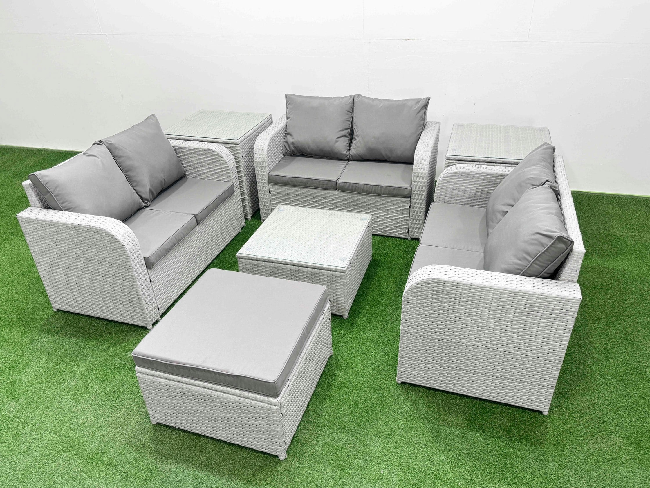Fimous Light/Grey 7 Seater Pe Wicker Rattan Furniture Sofa Sets With Square Coffee Table 2 Seater Love Sofa Big Footstool 2 Side Table