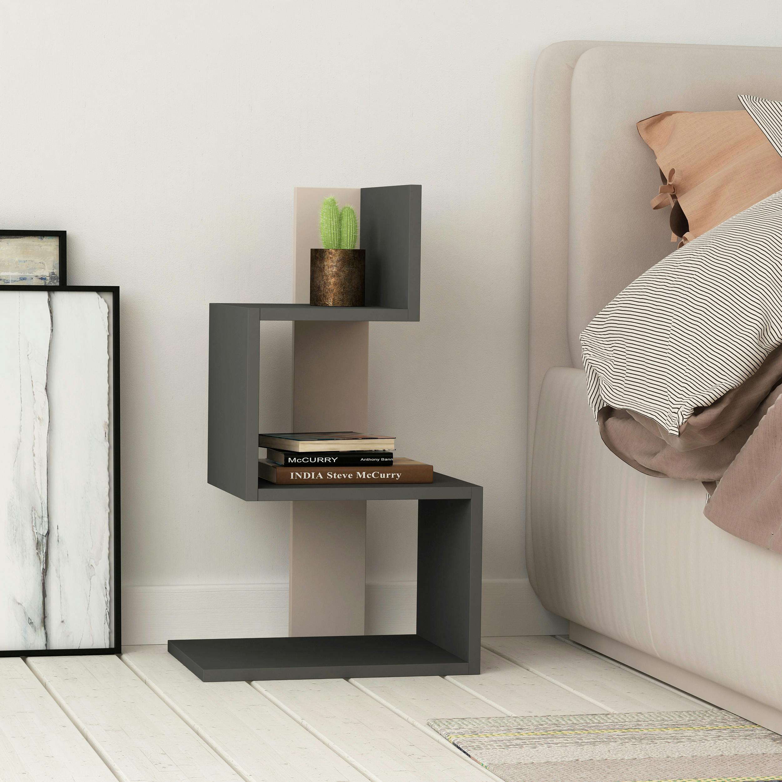 Rackhams Anthracite/Grey Rosie Modern 3 Tier Side Table With Storage Multipurpose End Table 72Cm - Mocha