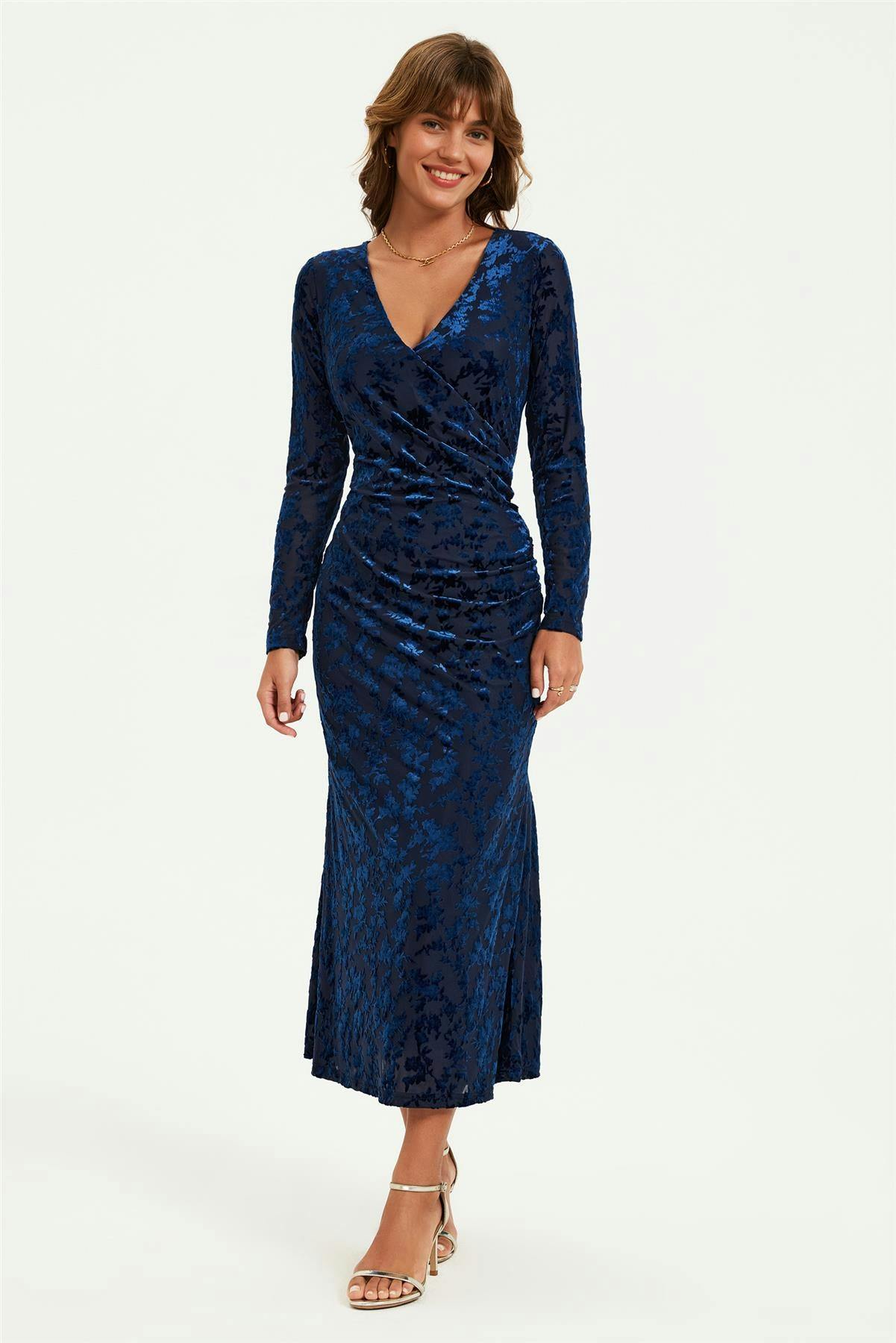 Fs Collection Black Floral Velvet Devore Long Sleeve Wrap Midi Dress In Navy - L - Navy