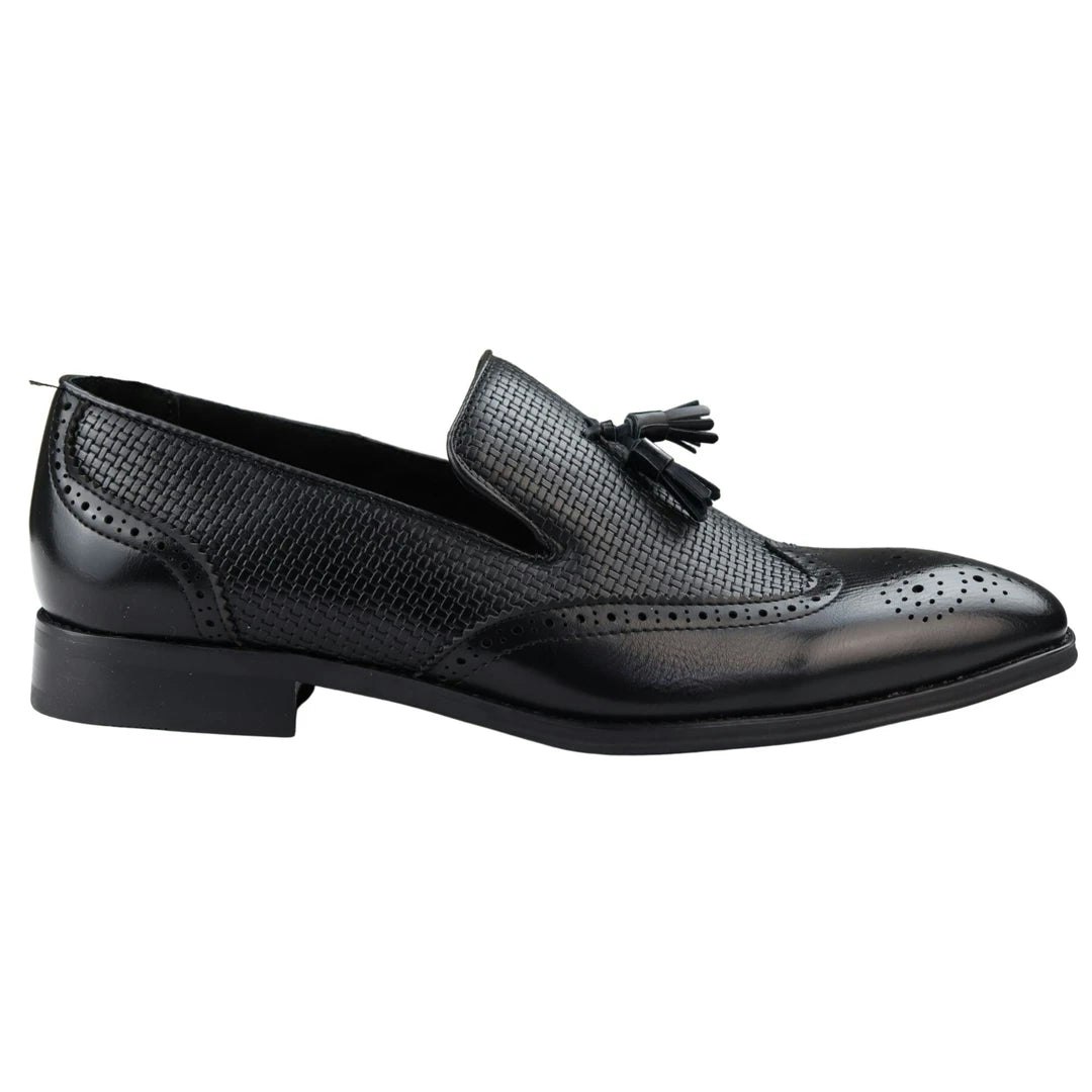 Dolcetto Men's Black Moccasin Loafers Shoes Leather Lined Slip On Tassel Trim Smart Formal Shoe - Uk 9