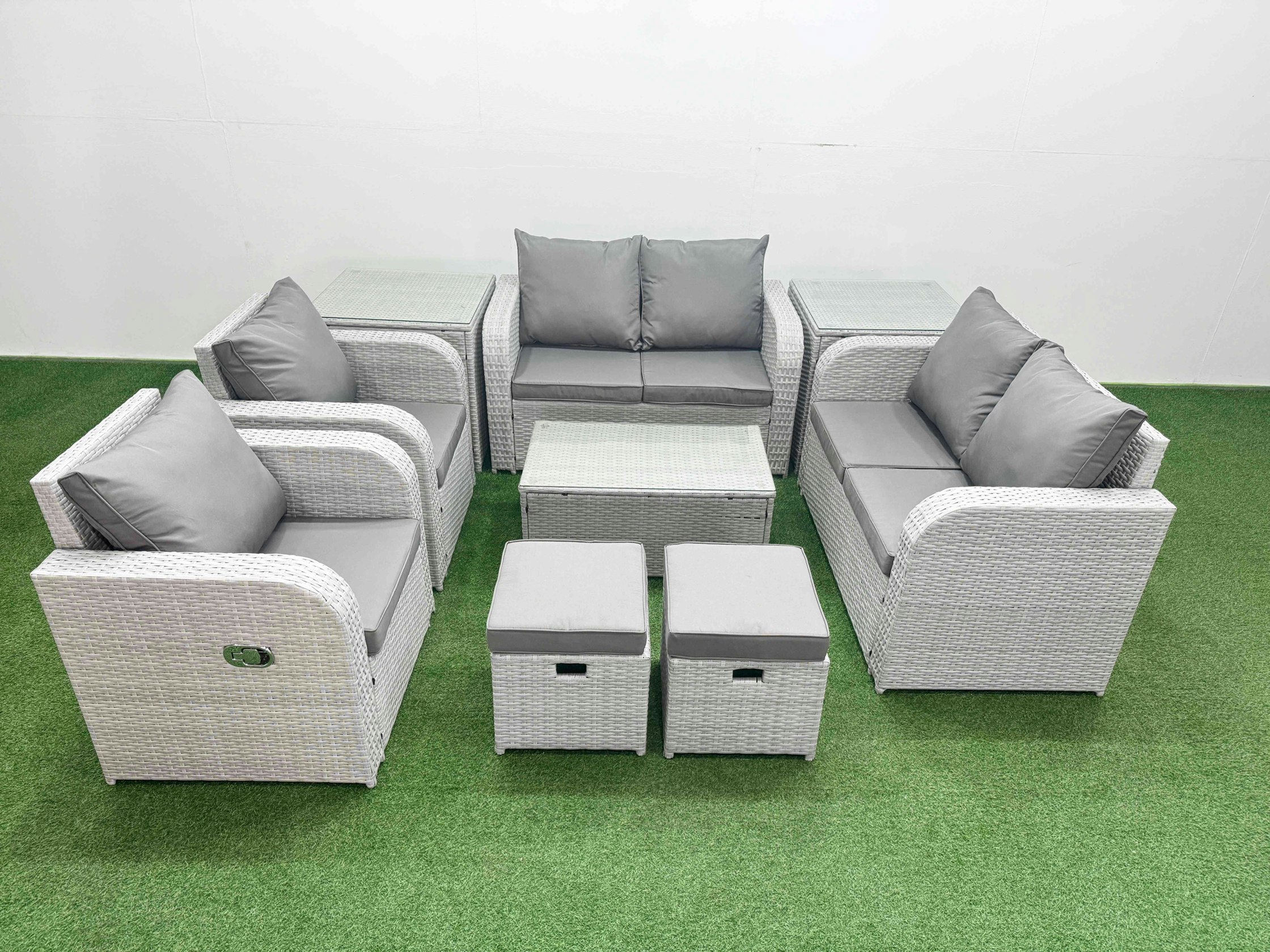 Rackhams Light/Grey 8 Seater Outdoor Reclining Chair Love Sofa Set Rattan Garden Furniture Set With Rectangular Coffee Table 2 Stools 2 Side Table