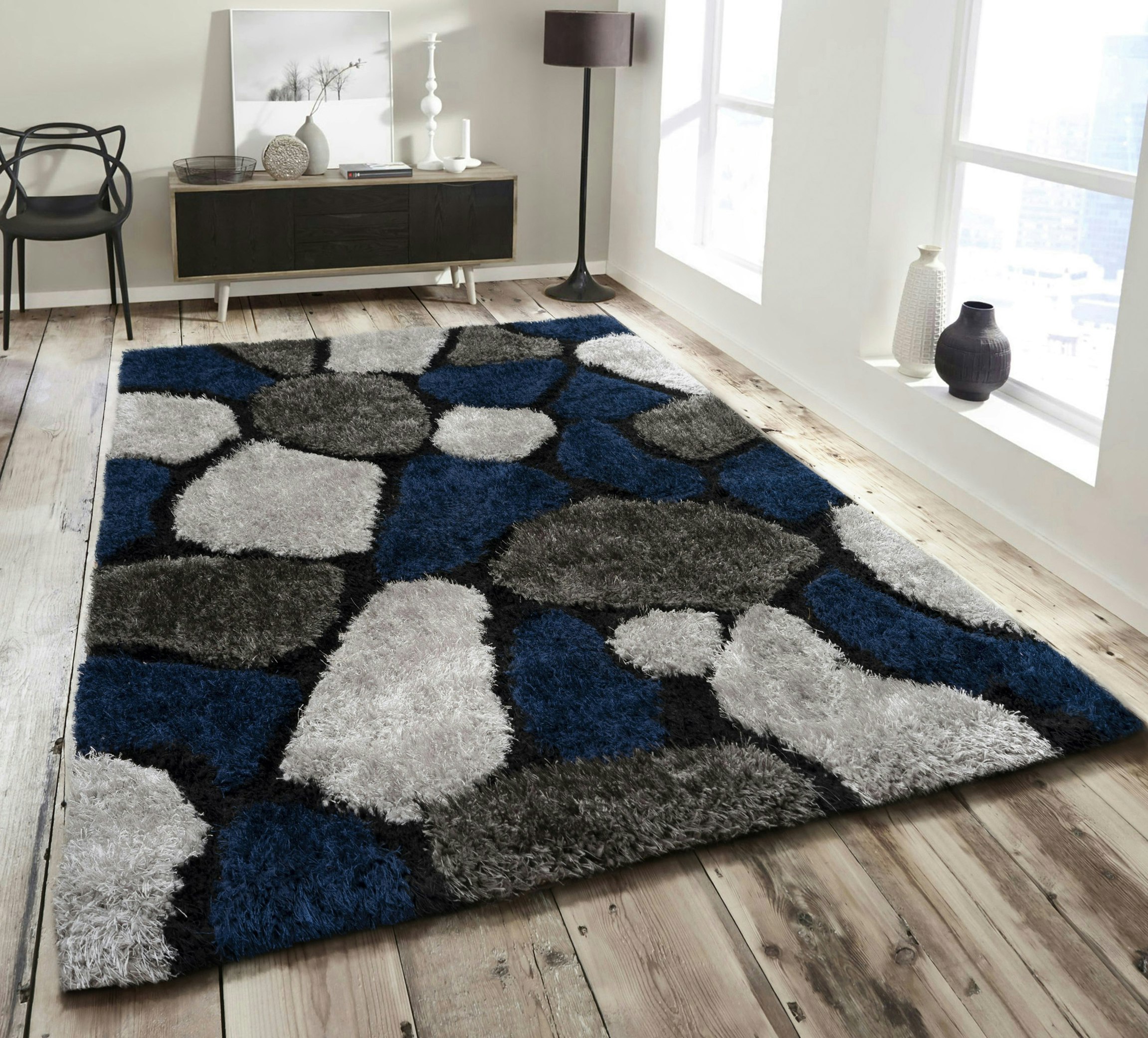 Home Republic Blue Pebbles Shaggy Rug - 60 X 110