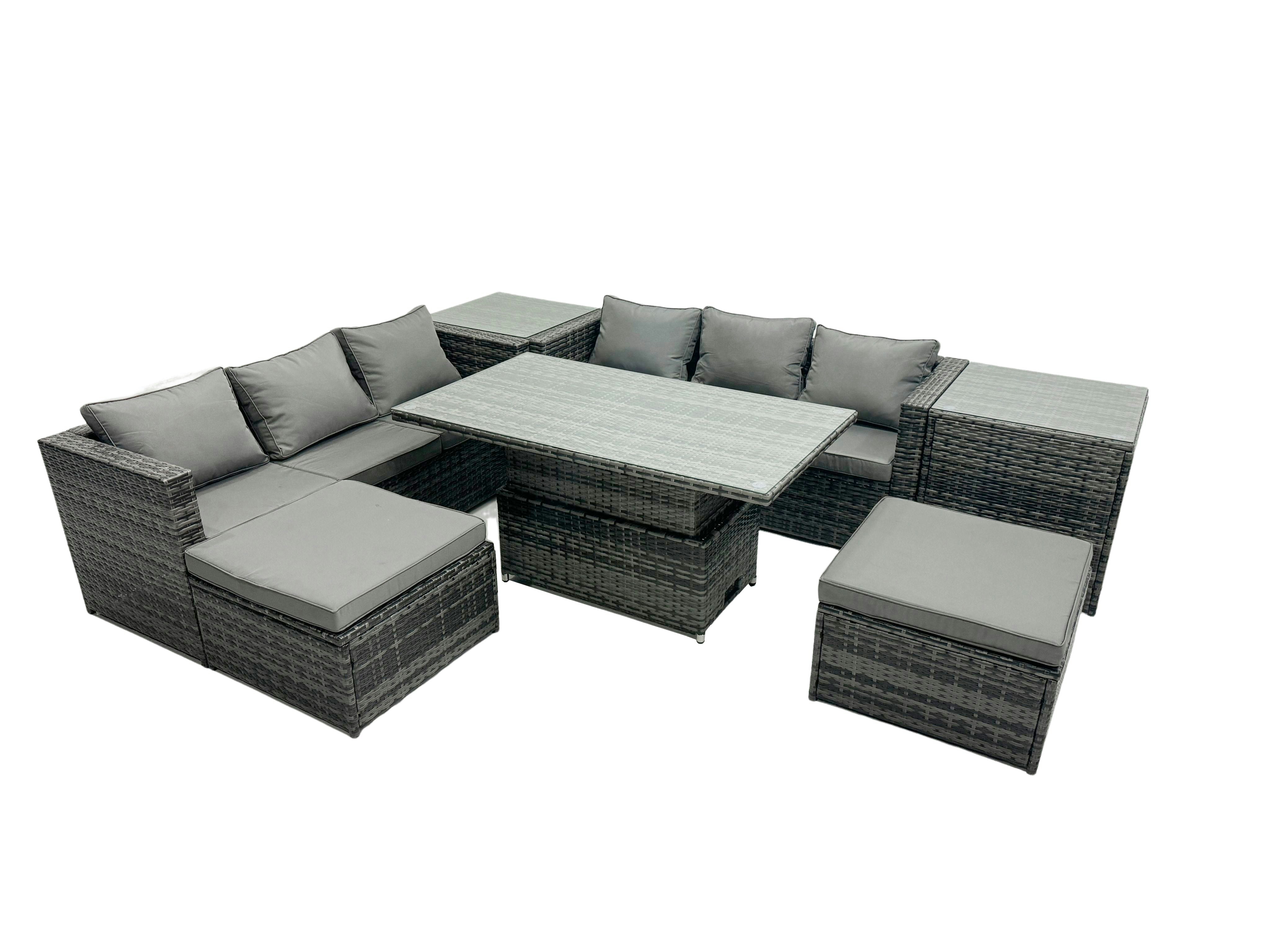 Fimous Dark/Grey Rattan Dining Table Sofa Set With 2 Side Tables 2 Stools Outdoor 8 Seat Garden Furniture Set Mixed