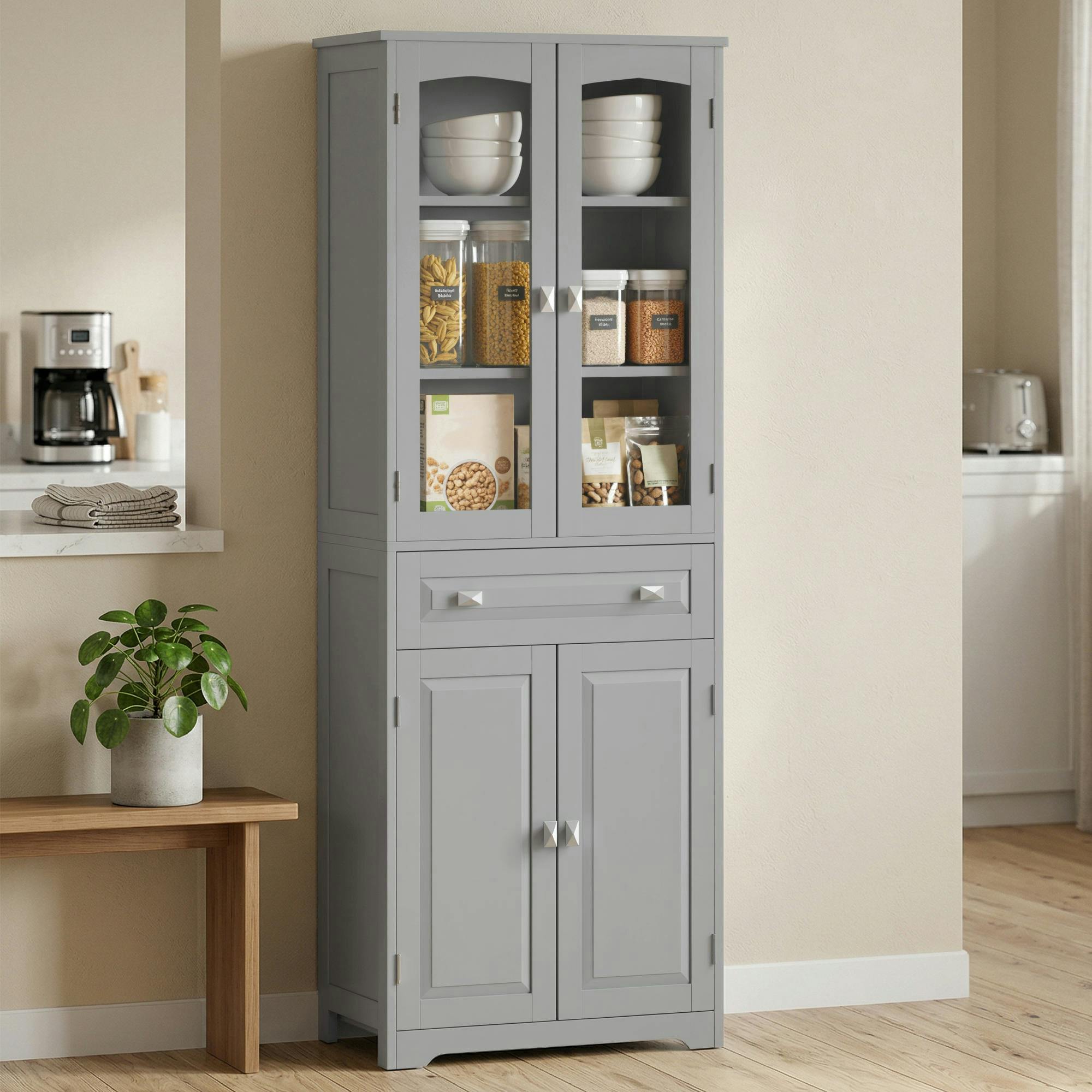 Rackhams Grey Kitchen Cupboard Storage Cabinet Adjustable Shelves, Glass Door, - Kitchen Cupboard - Particle Board, Mdf, Tempered Glass