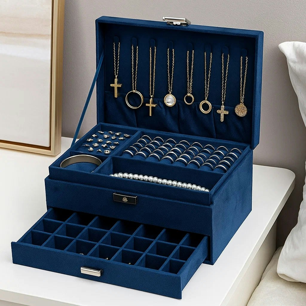 Modcraft Blue 3-Layer Jewellery Box With Lock, Drawer Organizer For Rings, Earrings & Necklaces