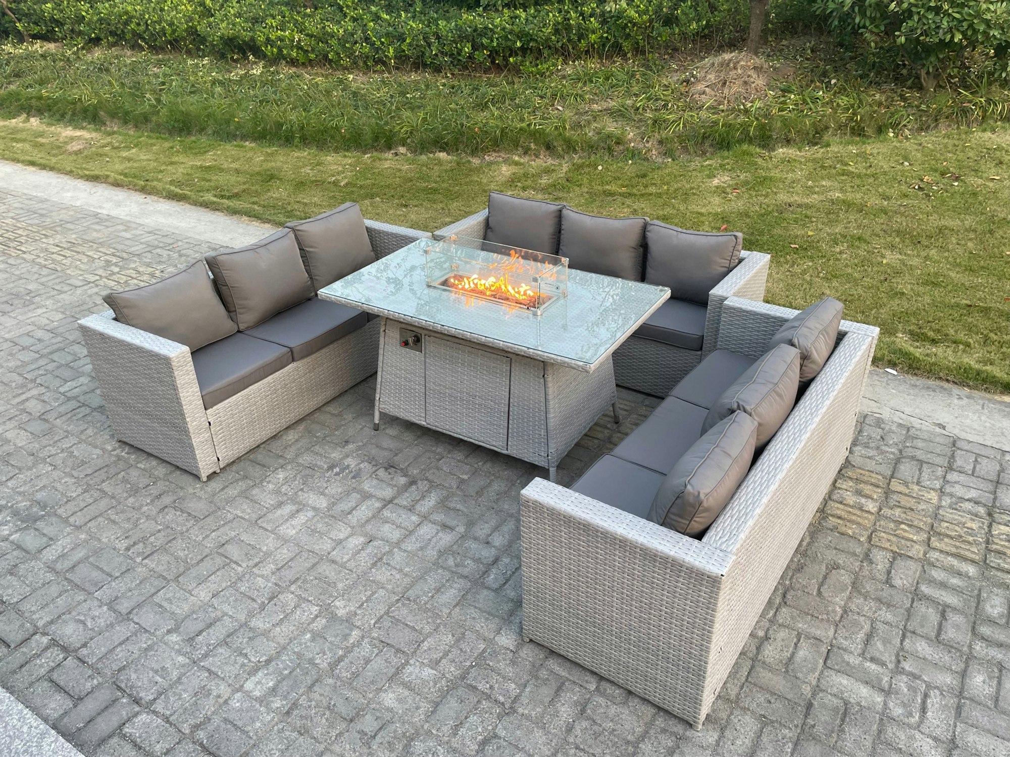Rackhams Light/Grey U Shape Lounge Sofa Dining Set With Gas Fire Pit Dining Table Garden Furniture Set Heater Burner