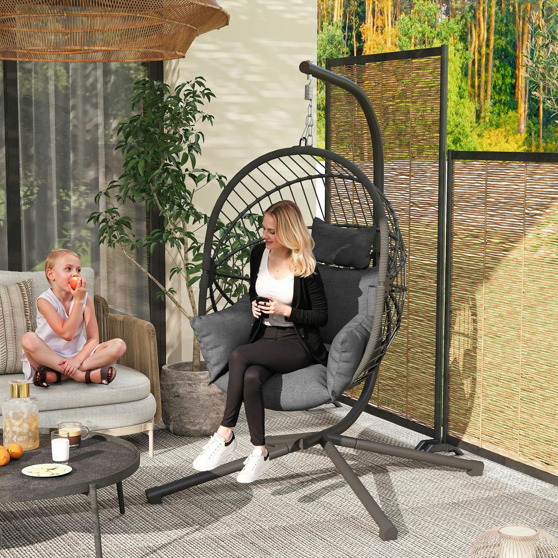Rackhams Grey Hanging Swing Chair W/ Thick Cushion, Patio Hanging Chair,