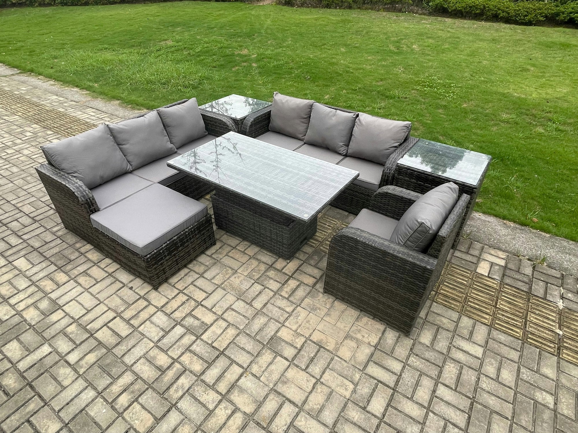 Fimous Dark/Grey Mixed Rattan Outdoor Dining Set - Height Adjustable Lifting Table, Reclining Chair, Side Table & Big Footstool