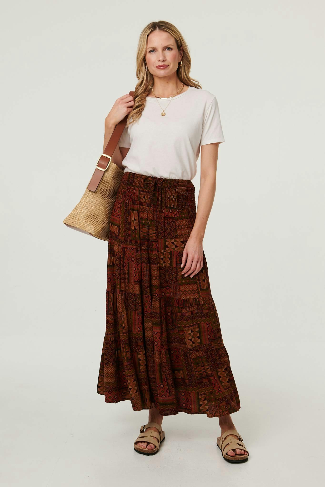 Izabel London Brown Patchwork Print High Waist Maxi Skirt - 12