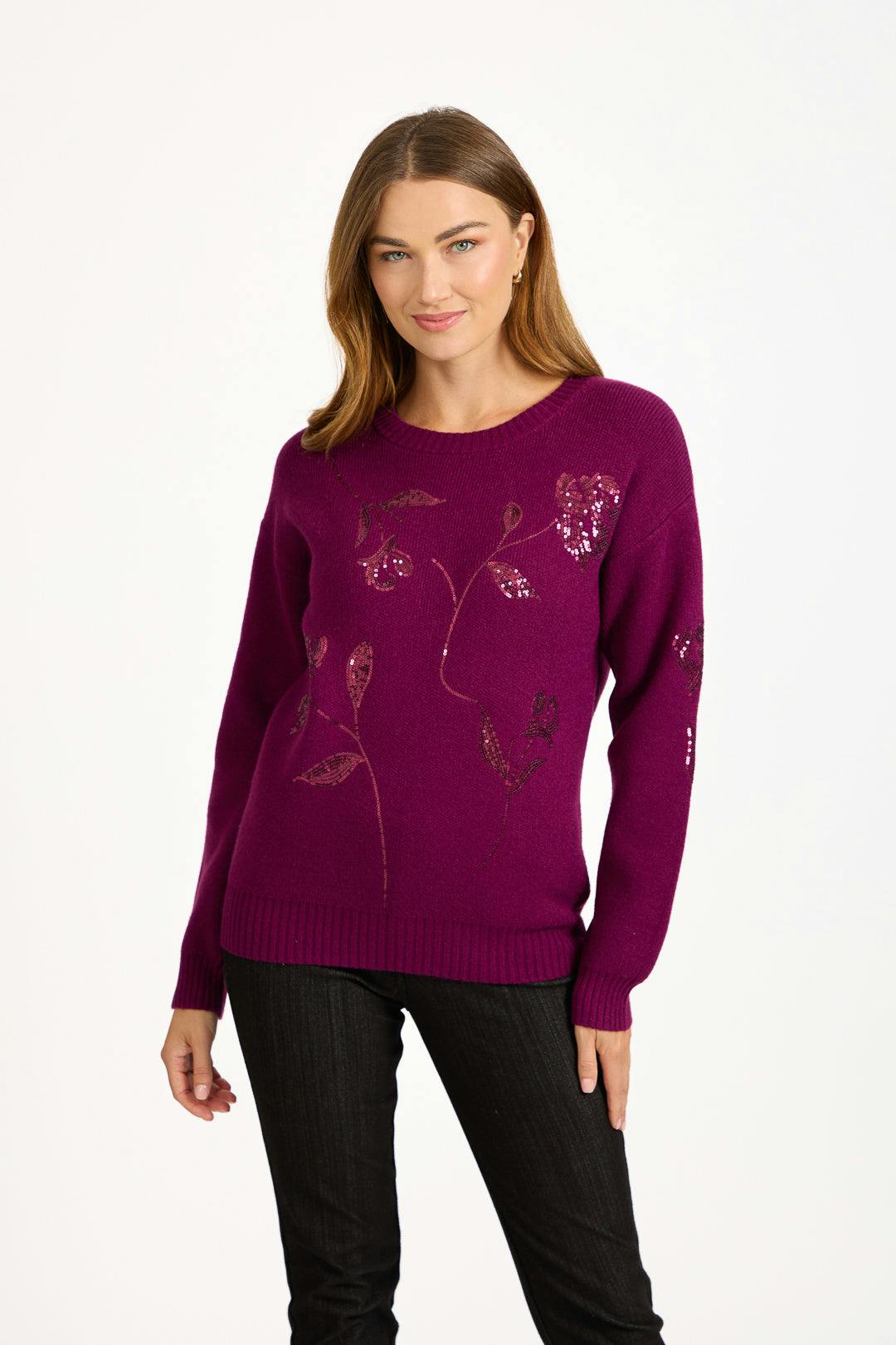 Mudflower Burgundy Flower Sequin Embellished Jumper - 12