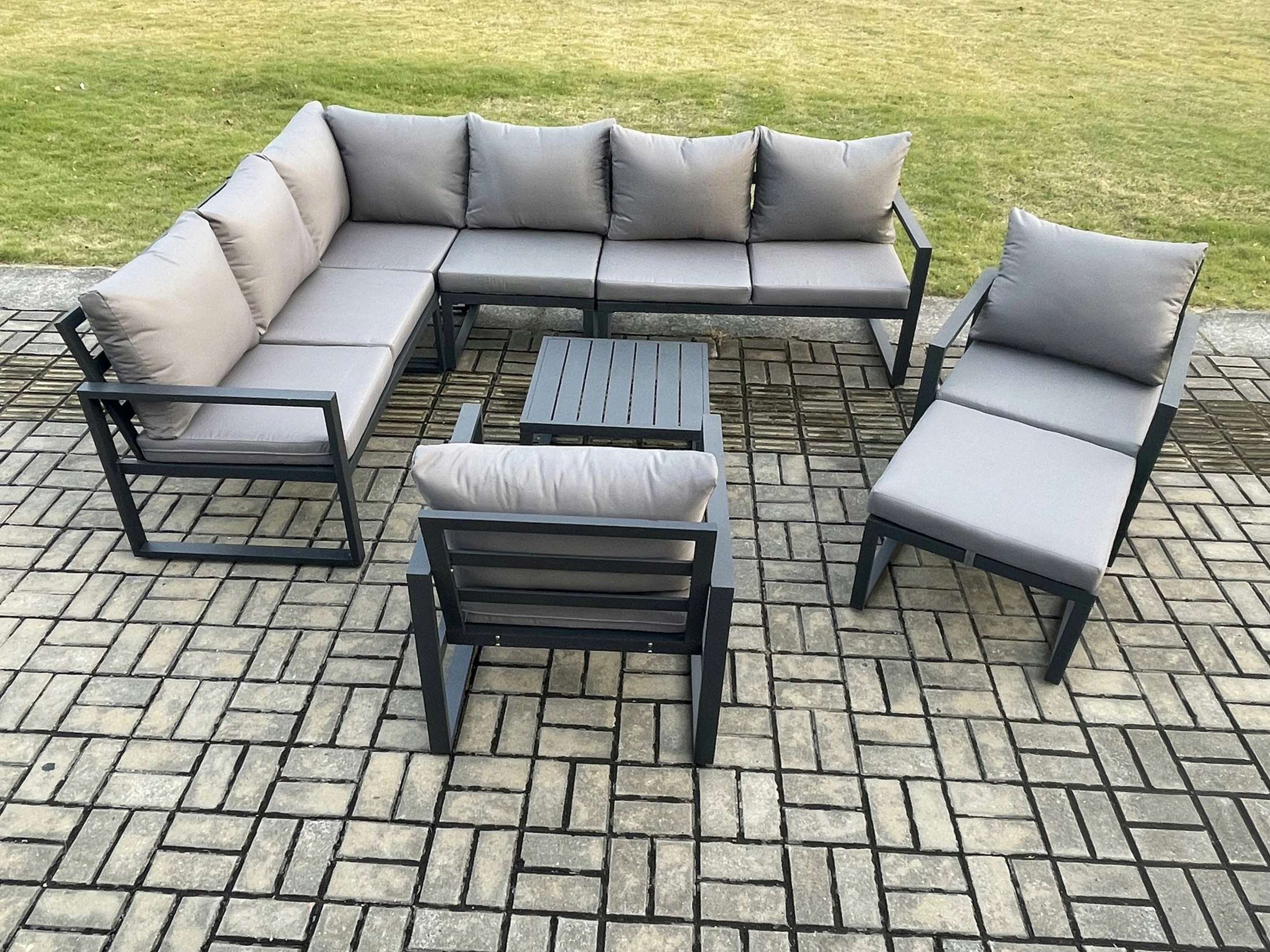 Rackhams Dark/Grey 9 Seater Aluminium Garden Furniture Set Outdoor Lounge Corner Sofa 2 Pcs Chair Square Coffee Table Sets With Big Footstool