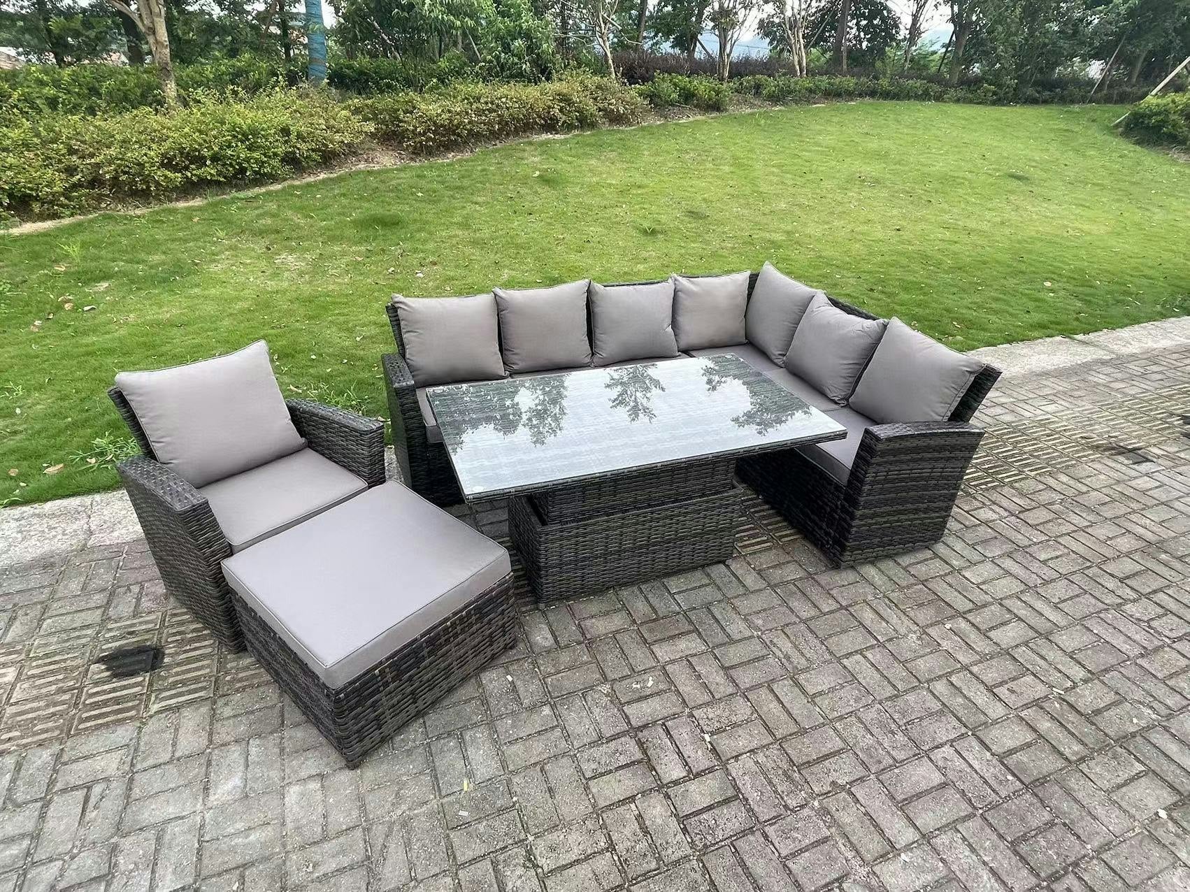 Fimous Dark/Grey 8 Seater?Outdoor High Back Rattan Adjustable Rising Lifting Dining Table Corner Sofa Set Garden Furniture Set Mixed Right Hand