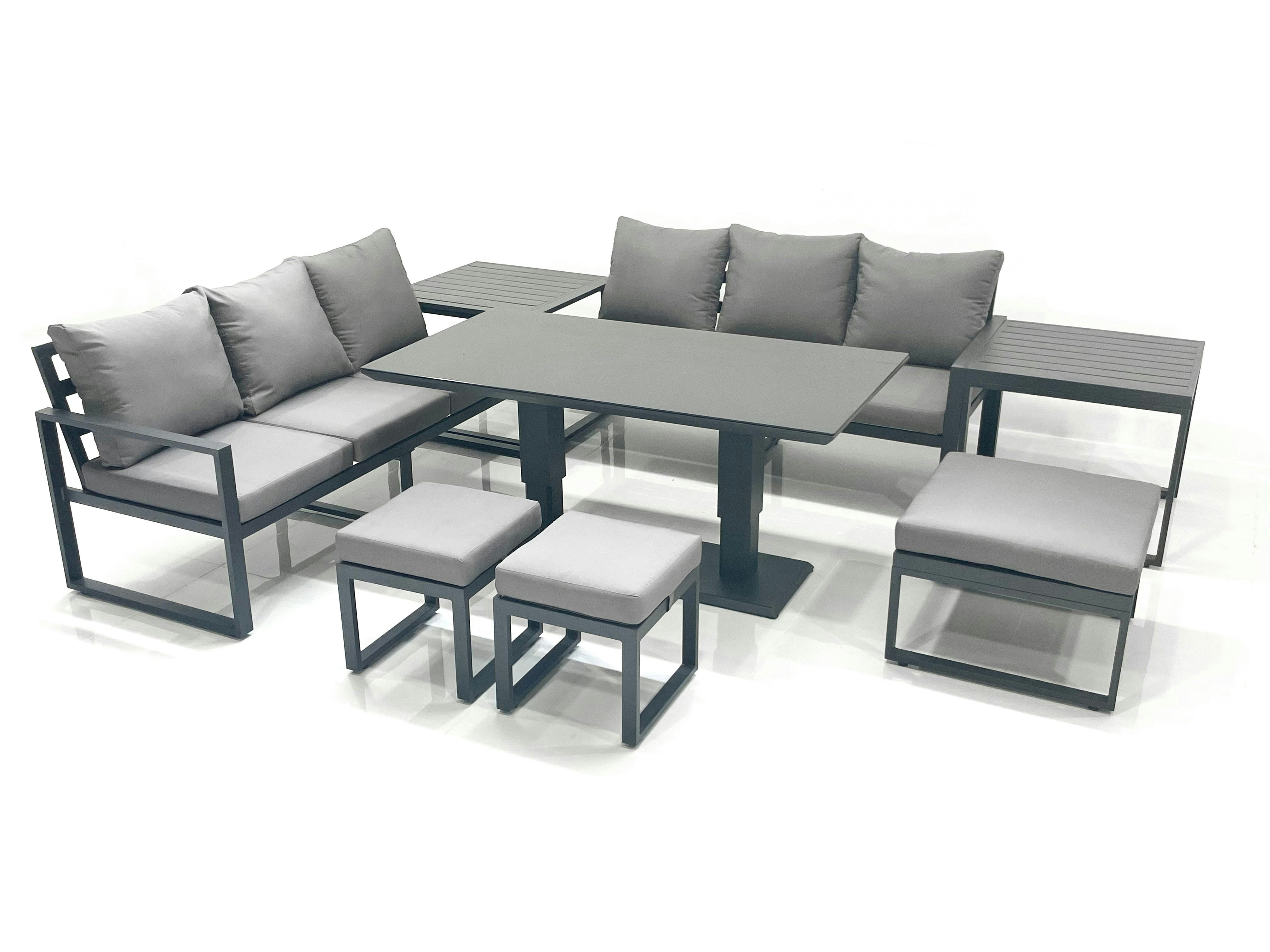 Fimous Dark/Grey 9 Seater Aluminium Outdoor Garden Furniture Set With Adjustable Rising Lifting Dining Table 3 Seater Sofa 3 Footstools 2 Side Tables