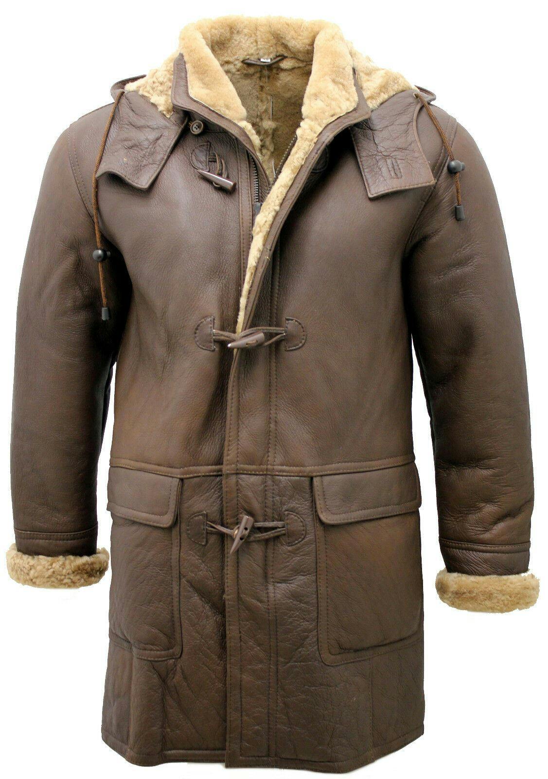 Infinity Leather Men's Brown Sheepskin Leather Hooded Duffle Coat-Hanko - Uk M | Eu 48 | Us 38