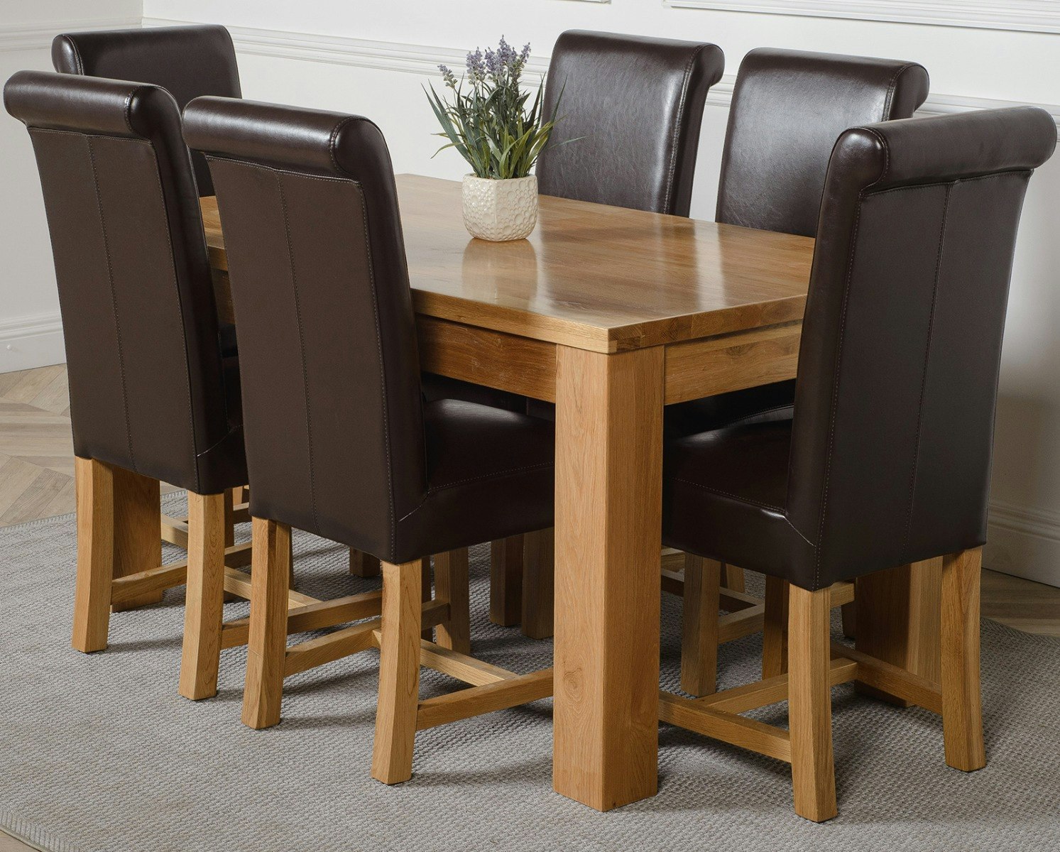 That's Furniture Brown Dakota Oak Dining Table With Washington Leather Chairs - 6 Chairs Medium
