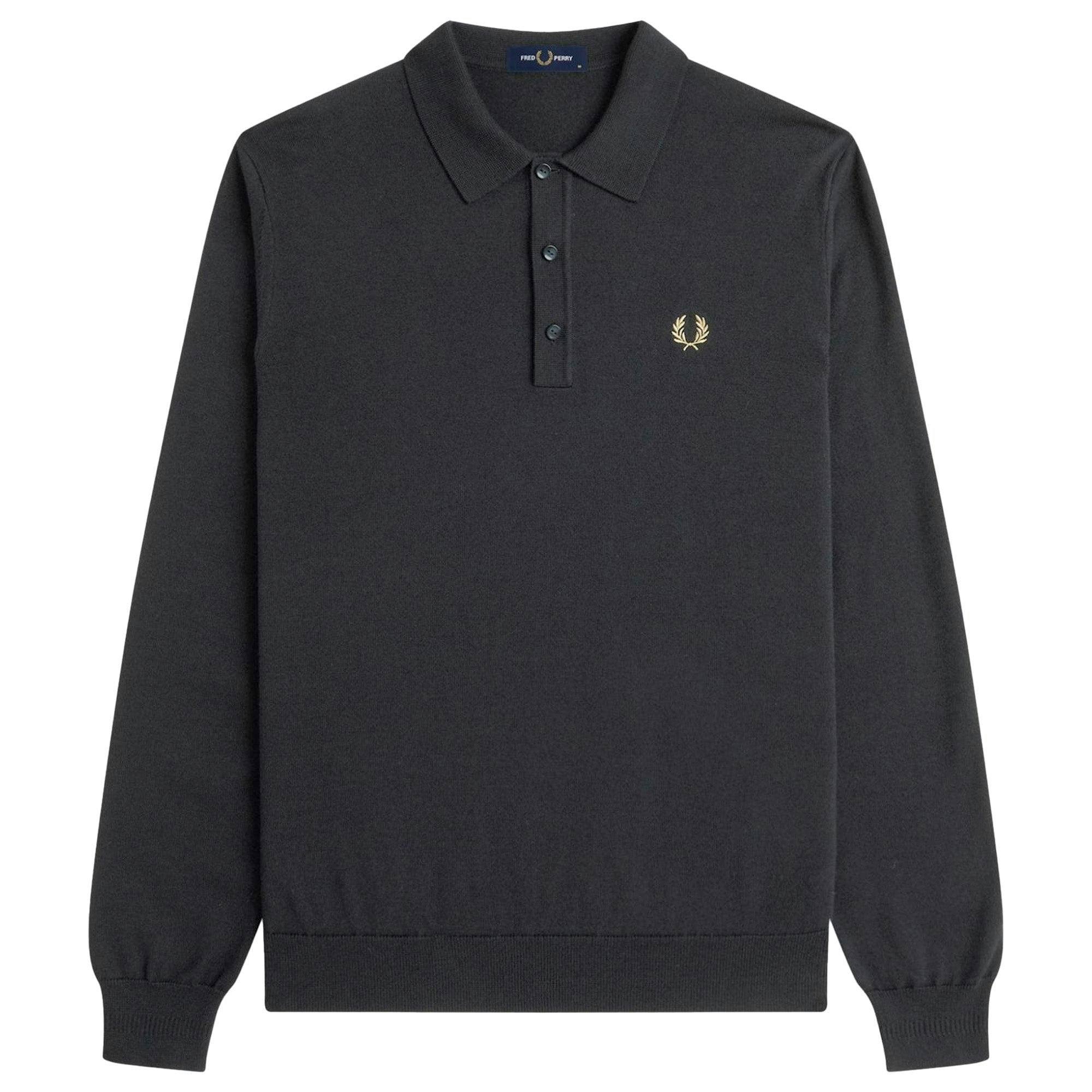 Fred Perry Black Knitted Merino Long Sleeve Polo Shirt - Small