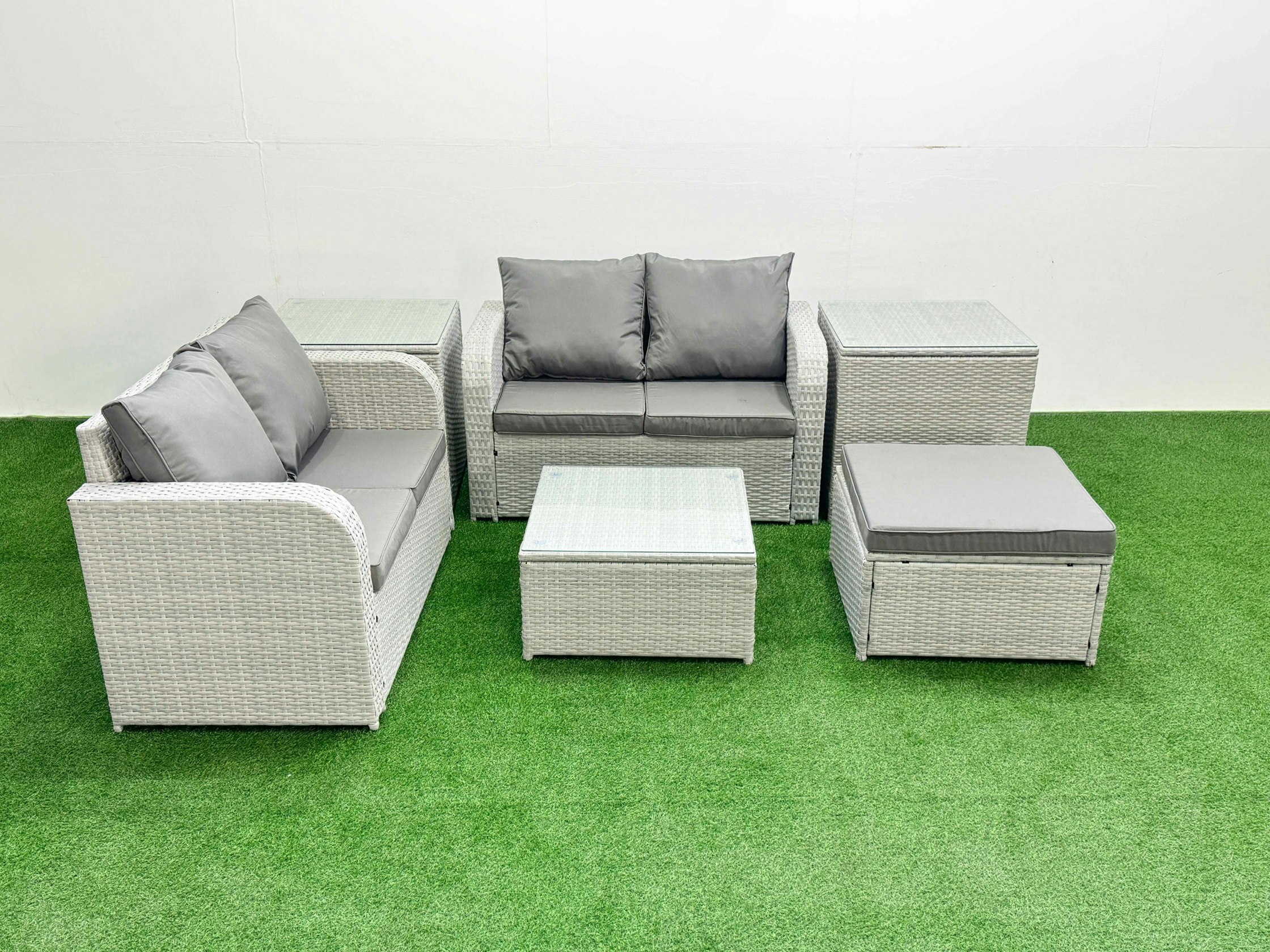 Fimous Light/Grey 5 Seater Outdoor Love Sofa Set Rattan Garden Furniture Set With Square Coffee Table Big Footstool 2 Side Tables