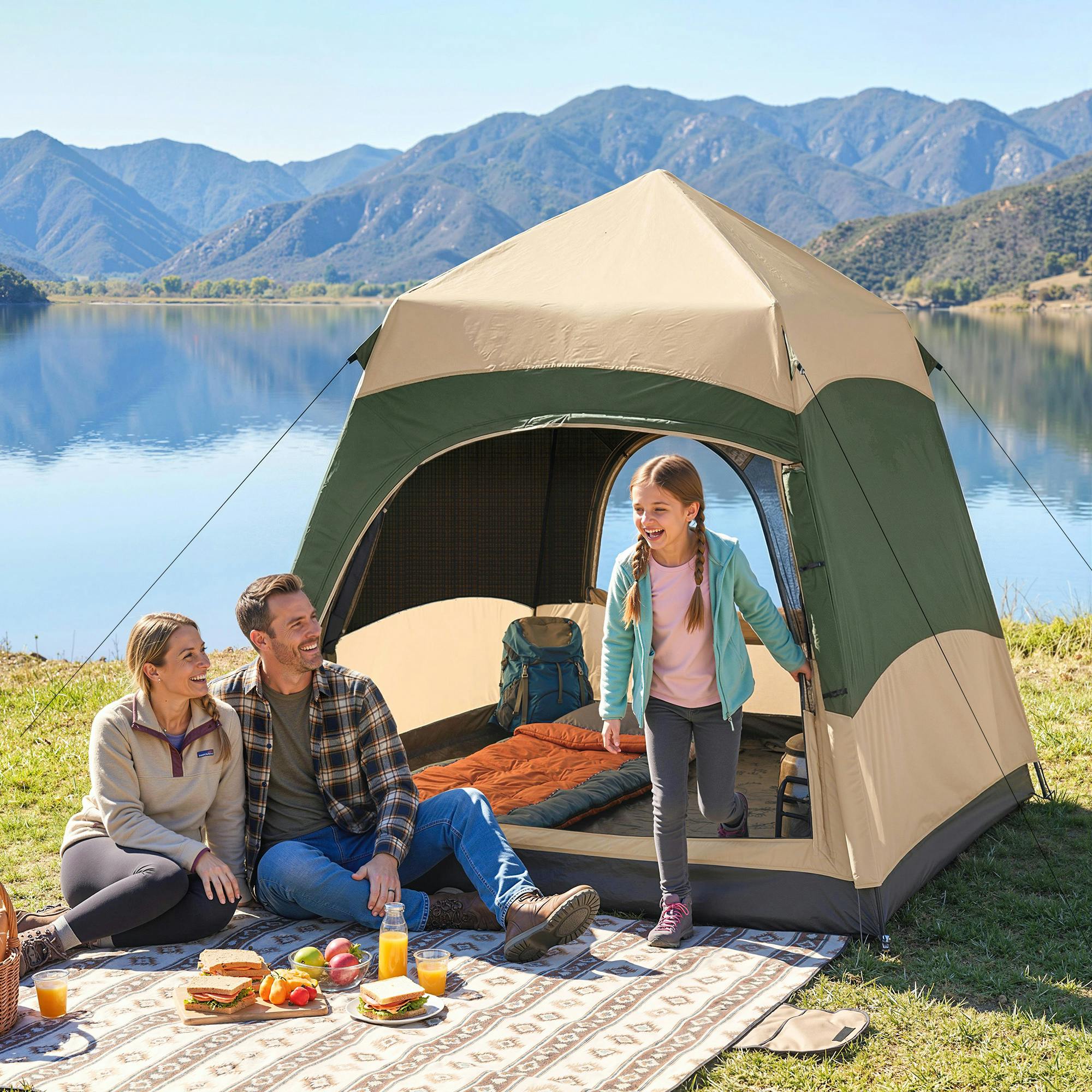Outsunny 4 Person Pop Up Tent Camping Festival Hiking Shelter Family - Khaki