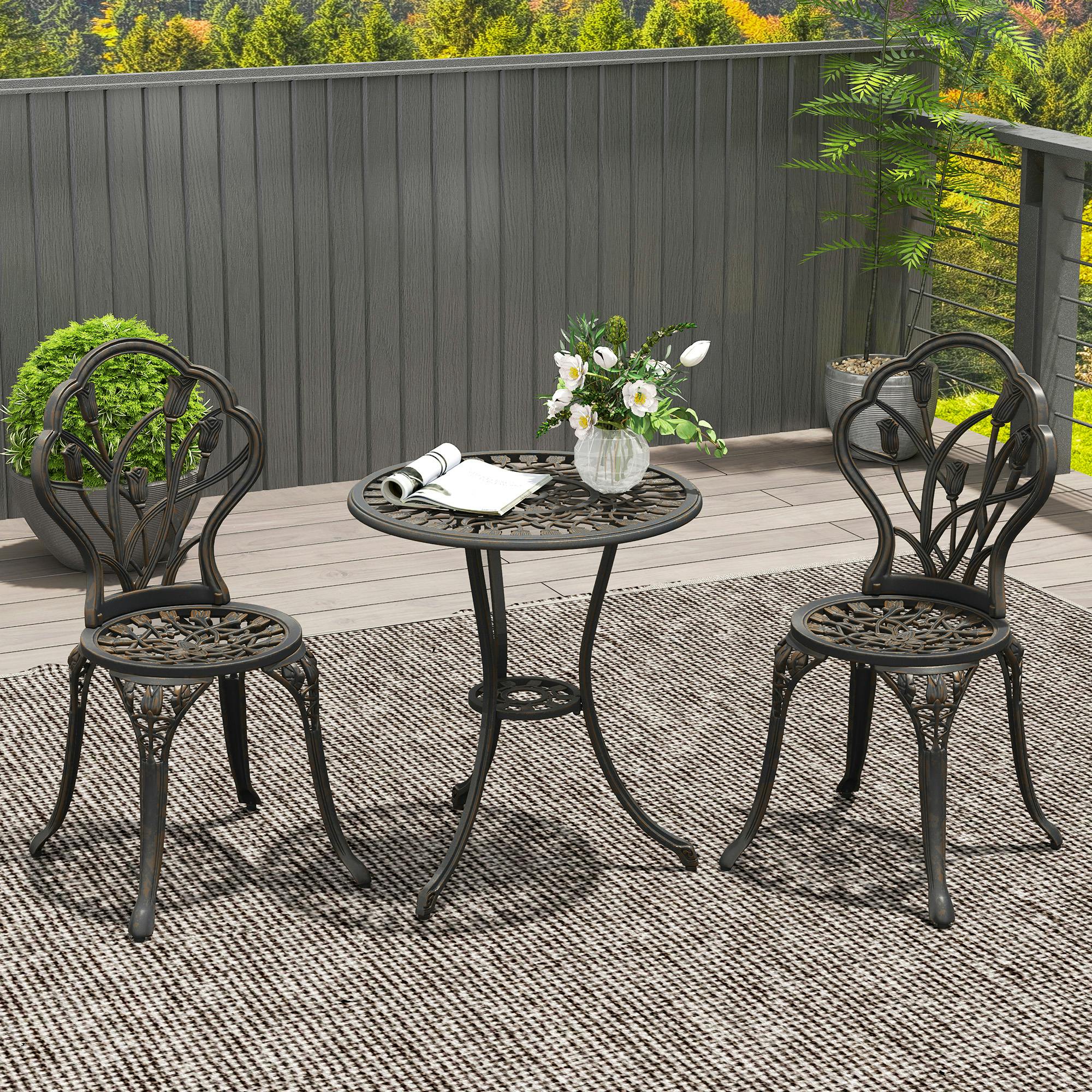 Rackhams Bronze 3 Piece Bistro Set, Aluminium Garden Furniture With Umbrella Hole