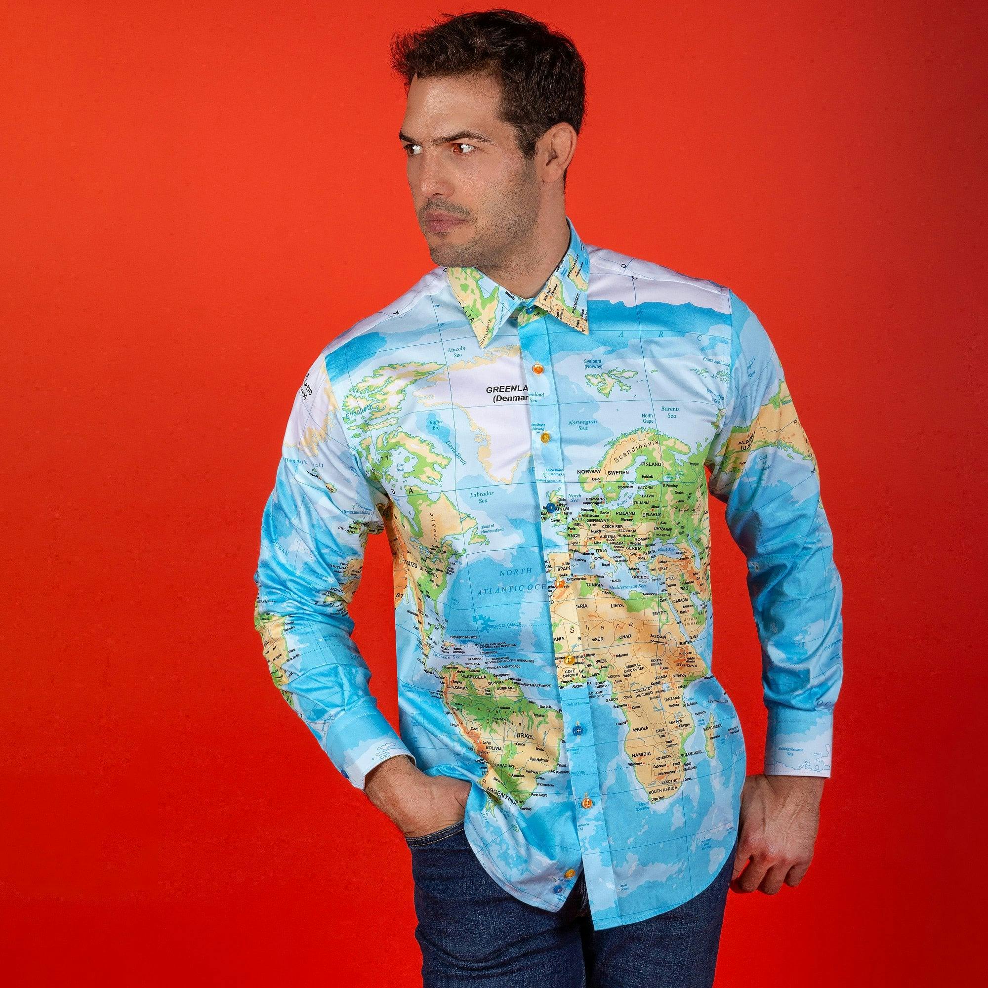 Claudio Lugli Blue The World Map Satin Cotton Print Shirt - 4XL