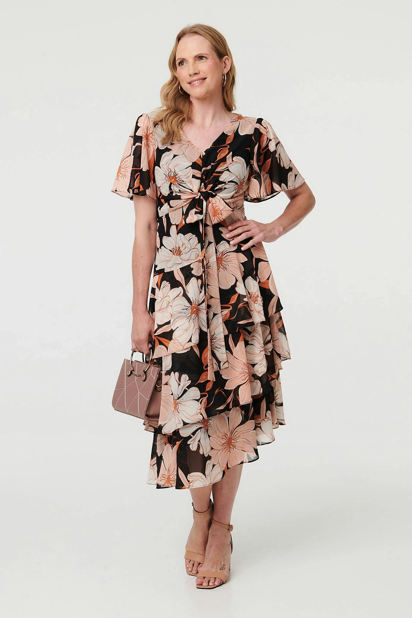 Izabel London Orange Floral Asymmetric Tiered Midi Dress - 14