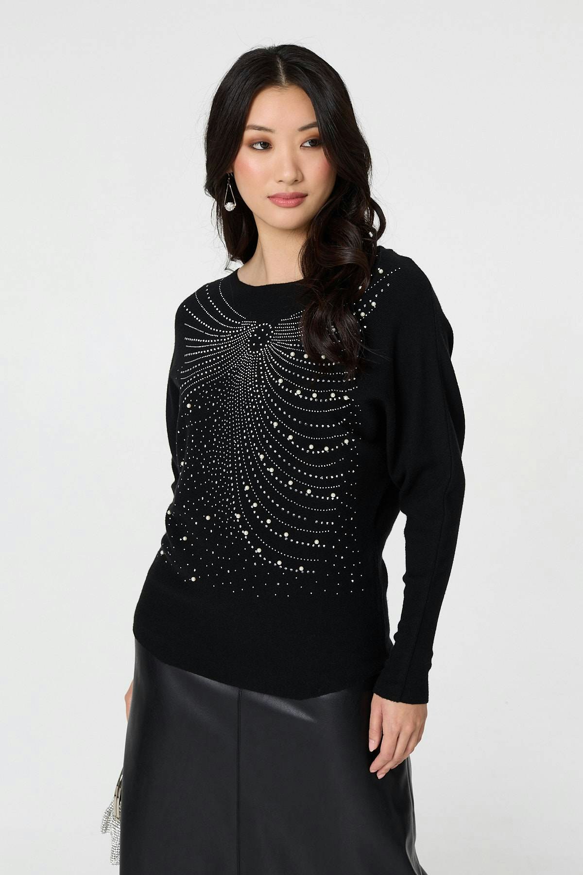 Izabel London Black Sparkle Front Batwing Sleeve Jumper - M