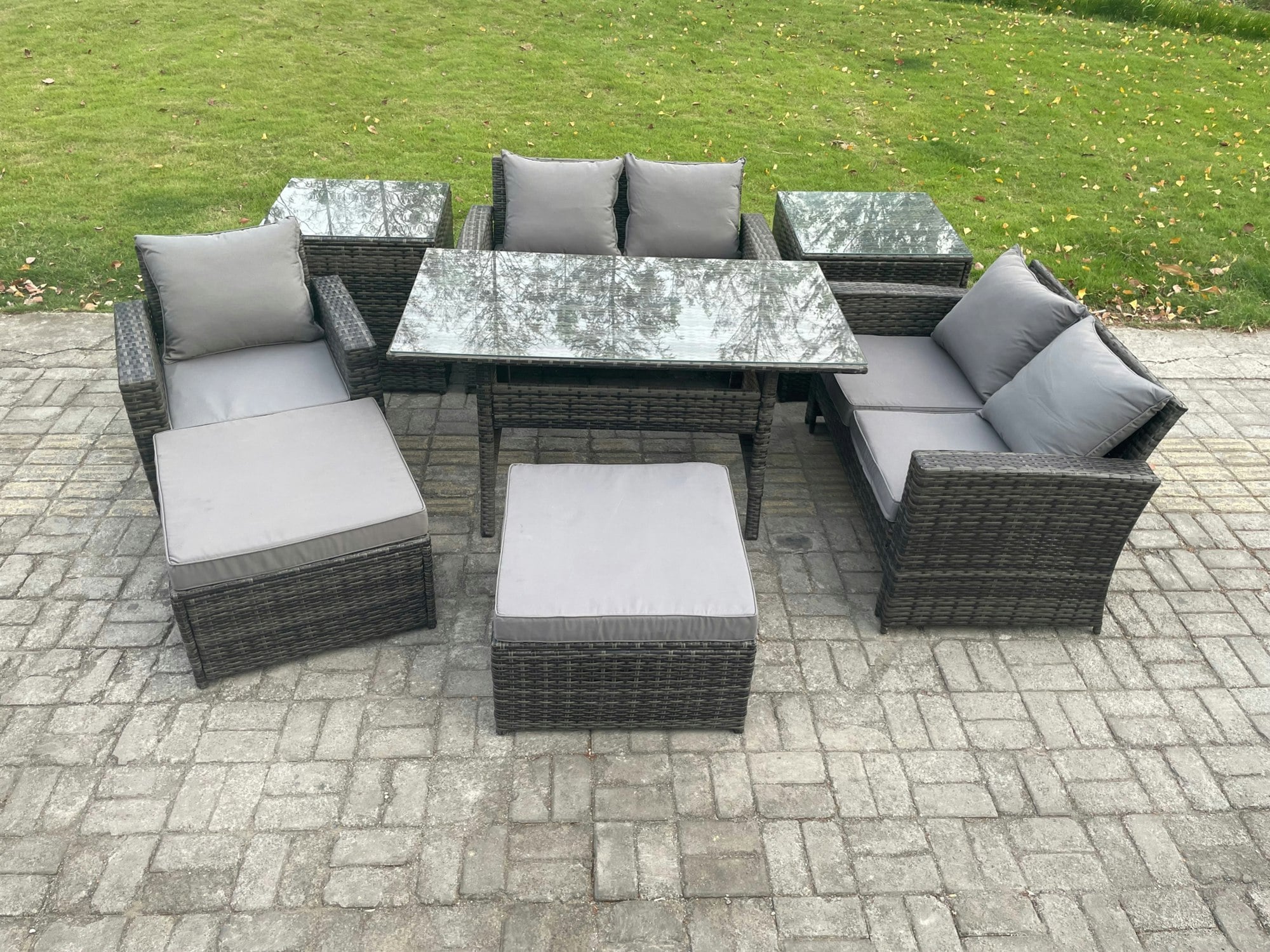 Fimous Dark/Grey Outdoor Garden Dining Set - Mixed Pe Wicker Rattan Sofa With Rectangular Dining Table & 2 Big Footstools