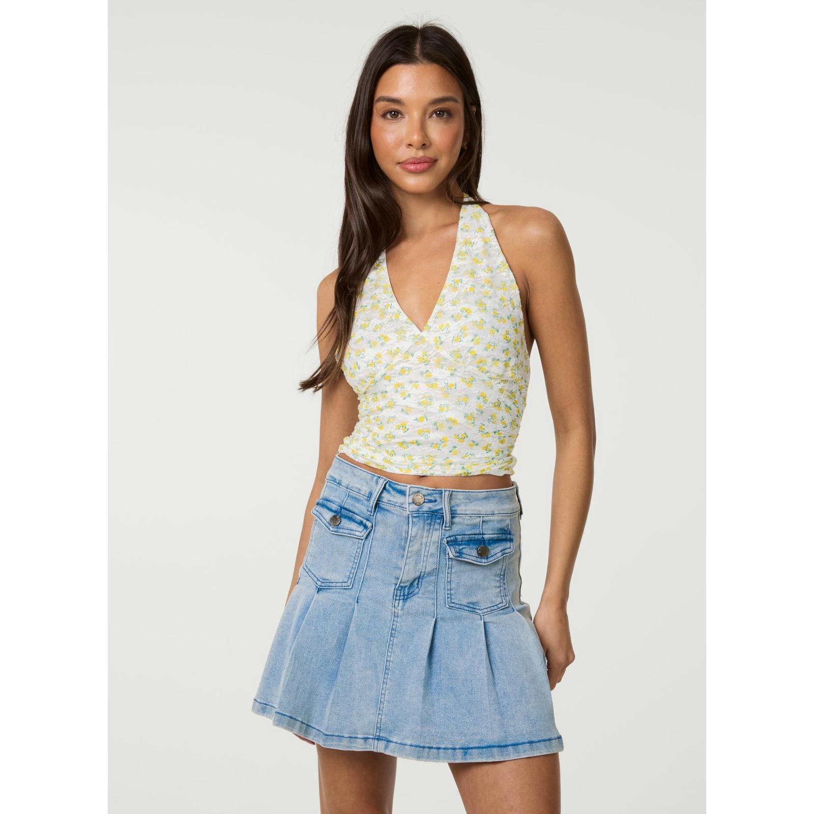 Pink Vanilla Pink/Light/Yellow Vanilla Lemon Printed Lace Halter Neck Top - M