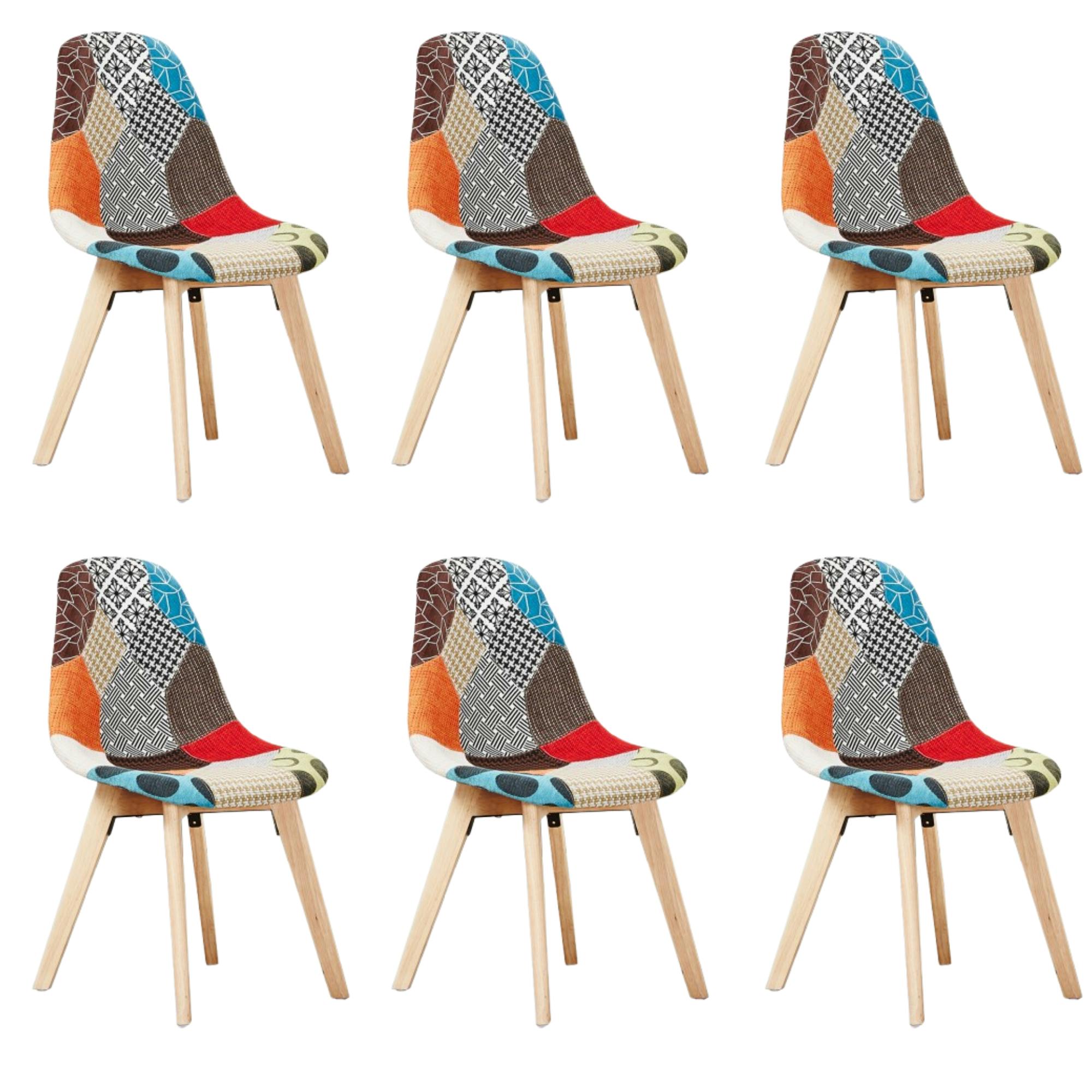 Life Interiors Set Of 6 Patchwork Multi Colors Fabric Dining Chairs With Wooden Legs, Mid-Century Modern Accent Chair - Fabric - Multicolor - Modern